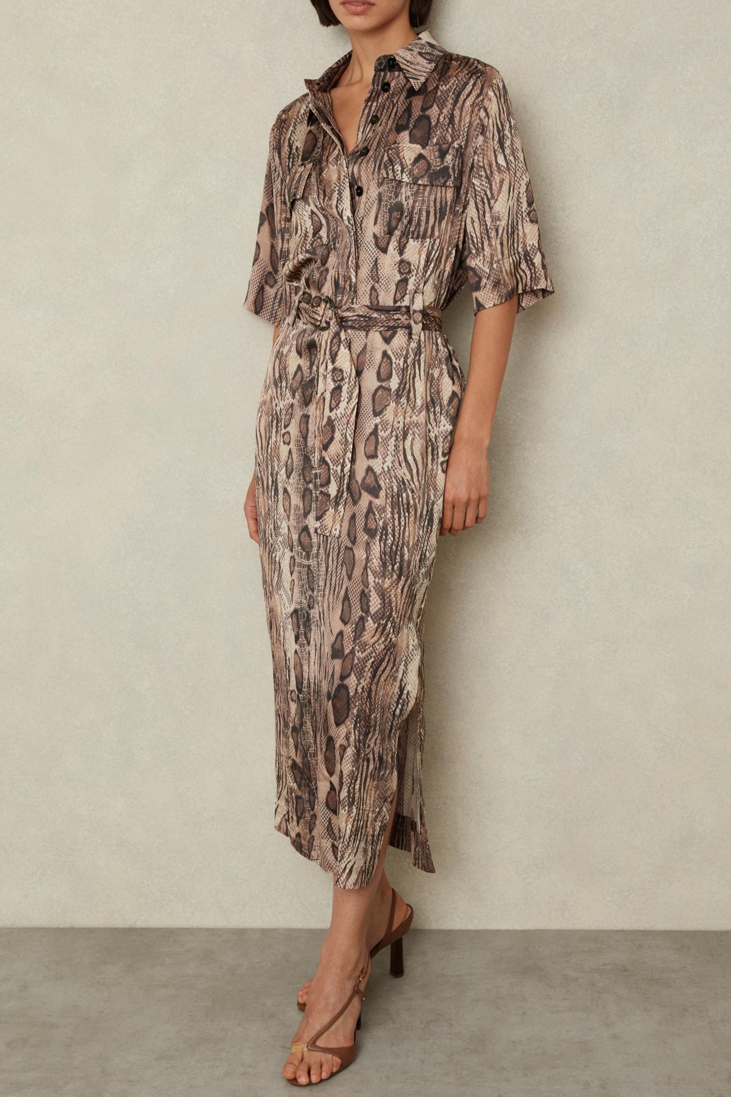 Reiss Animal Print Shirt Dress Neutral Maat: 4 | Blousejurken Outlet | Dames | Bruin