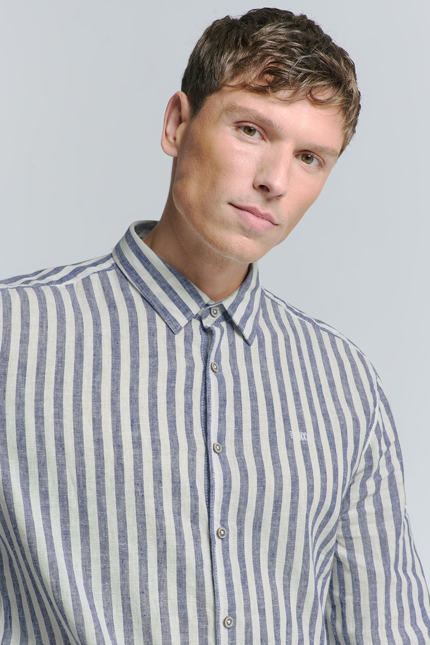 SHIRT VERICAL BIG STRIPES WITH LINEN INDIGO BLUE 3