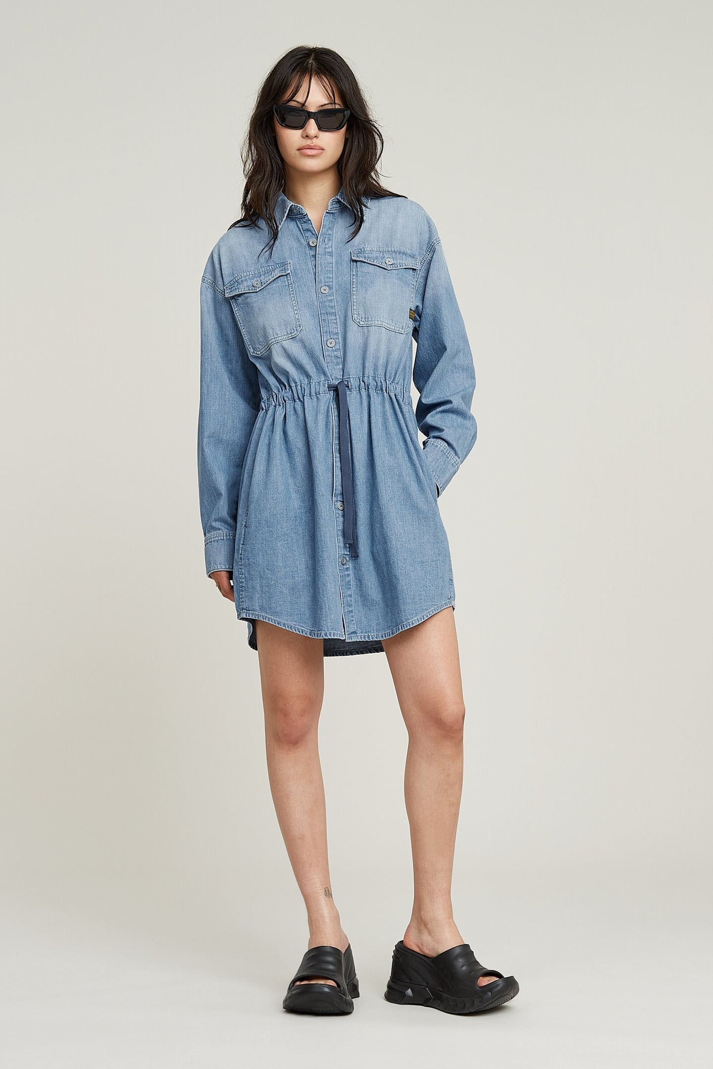 RELAXED DRAWCORD DENIM DRESS FADED THAMES 1