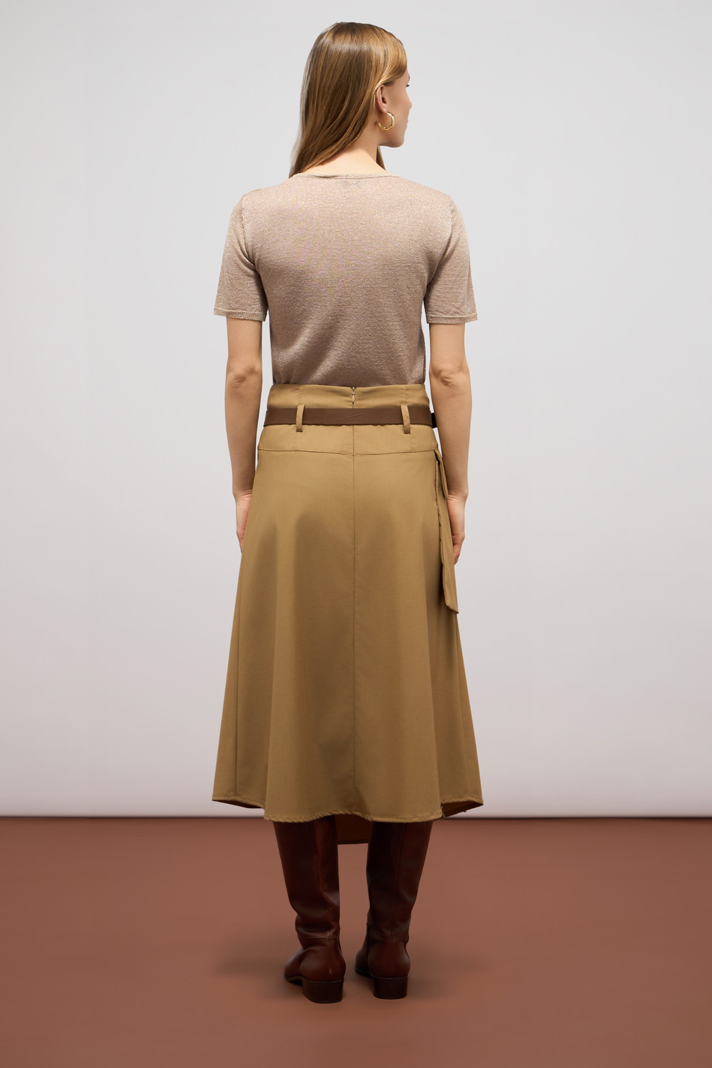 FLUID MIDI A-LINE SKIRT WITH PANEL BROWN 3