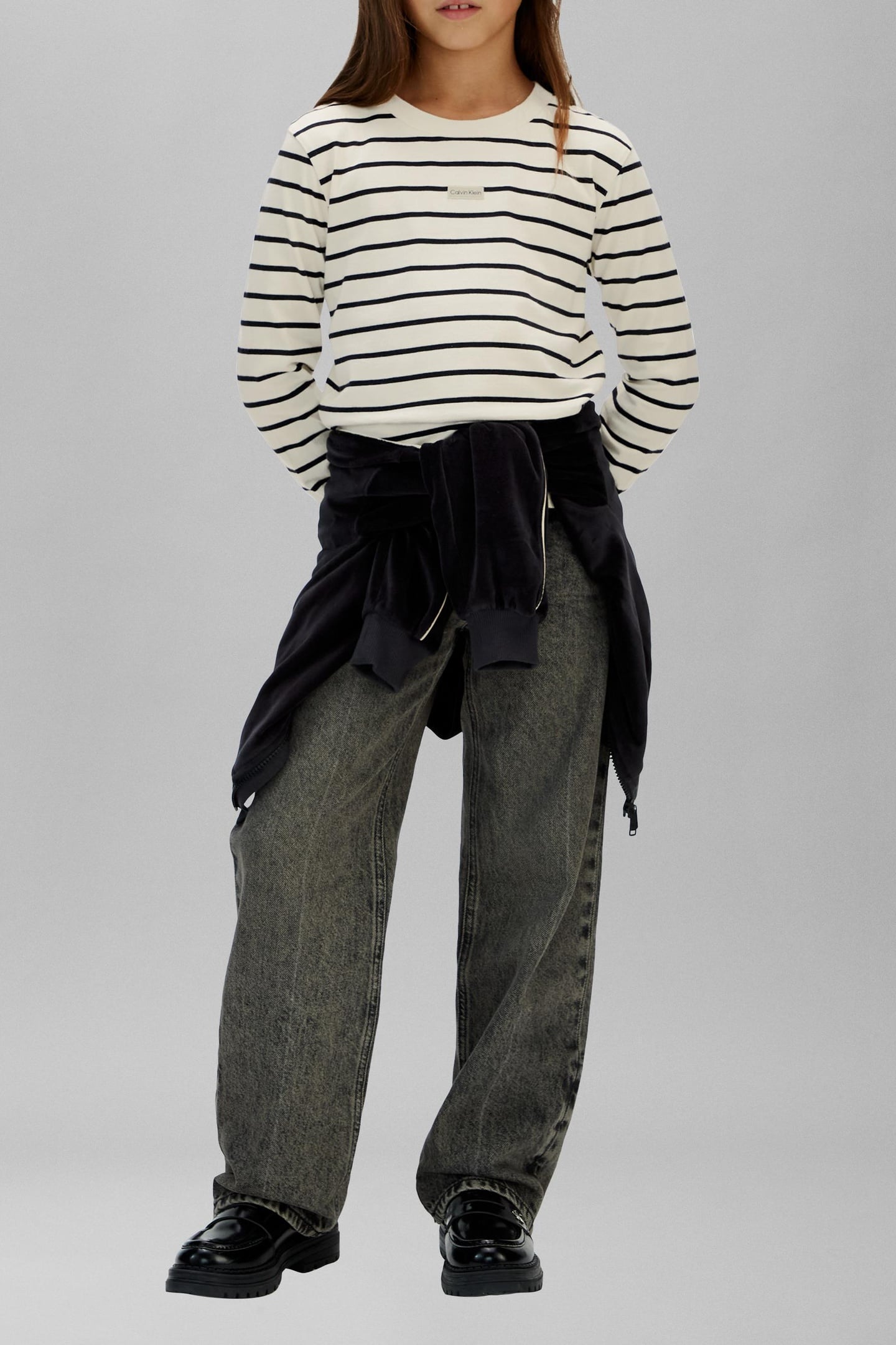 GIRLS YD STRIPE L/S T-SHIRT WHITECAP GRAY/ CK BLACK 1