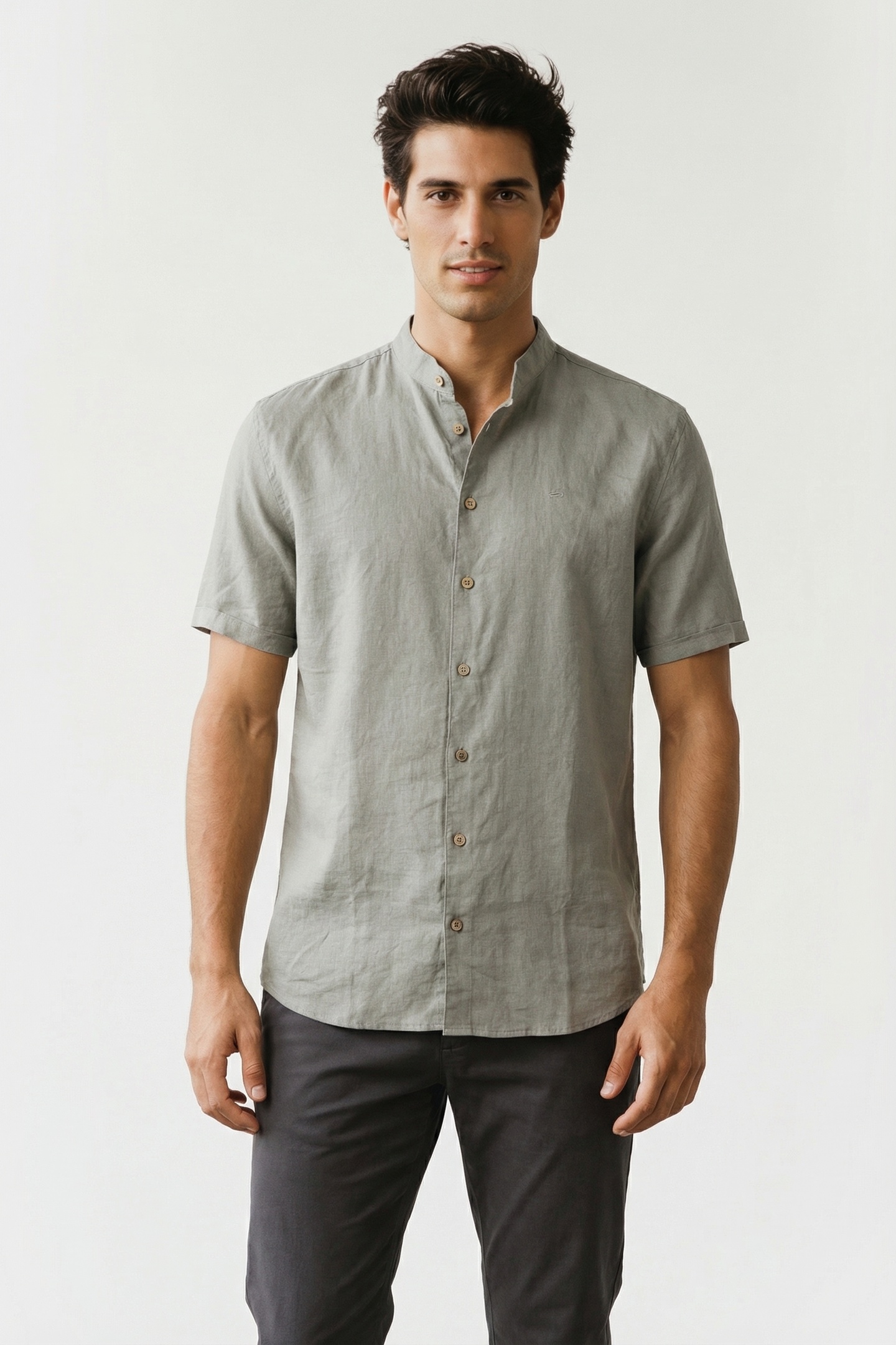 SHIRT SHORT SLEEVE GRANDDAD SOLID WITH LINEN LIGHT ARMY 2