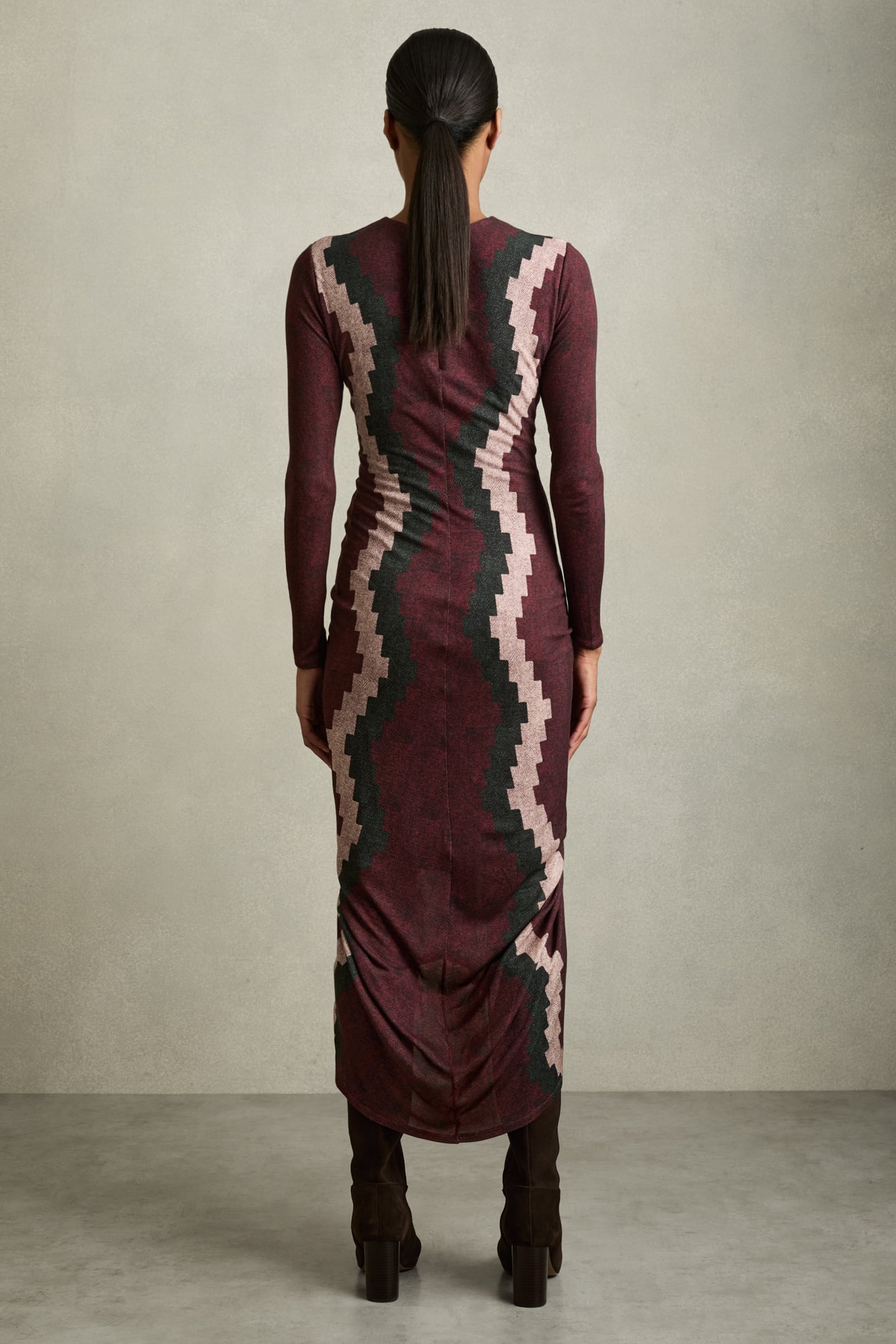 PRINTED RUCHED JERSEY DRESS BURGUNDY 3