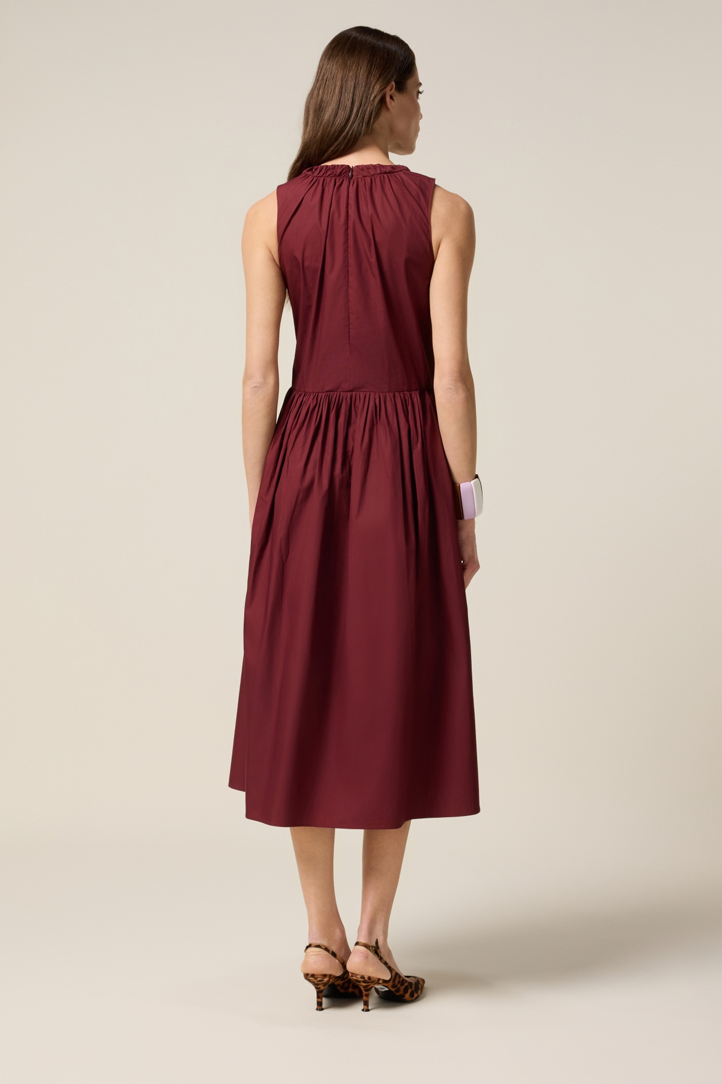 MIDI FLARE DRESS IN POPLIN BURGUNDY 2