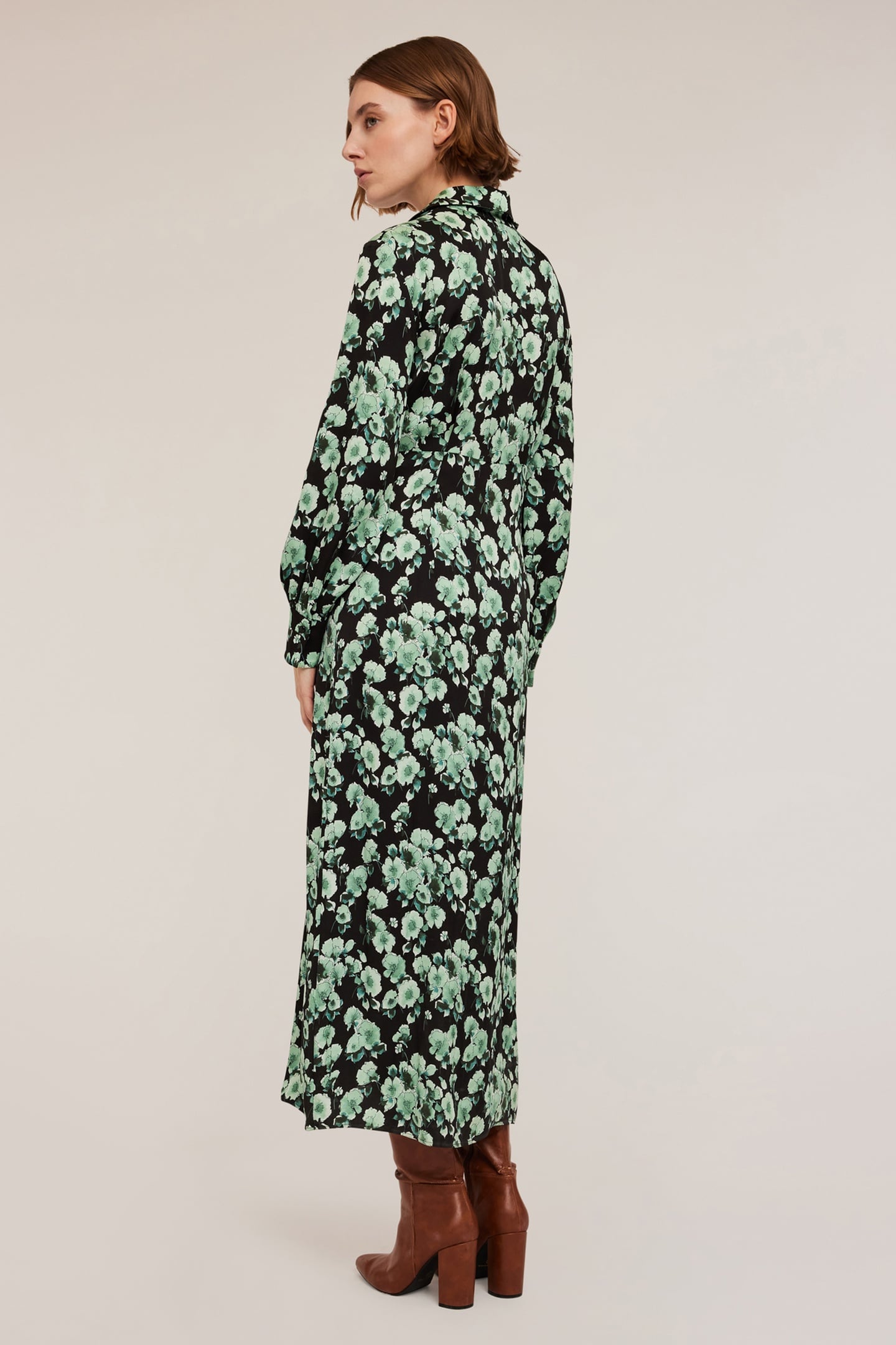 FLORAL PATTERNED SATIN CHEMISIER DRESS GREEN 2