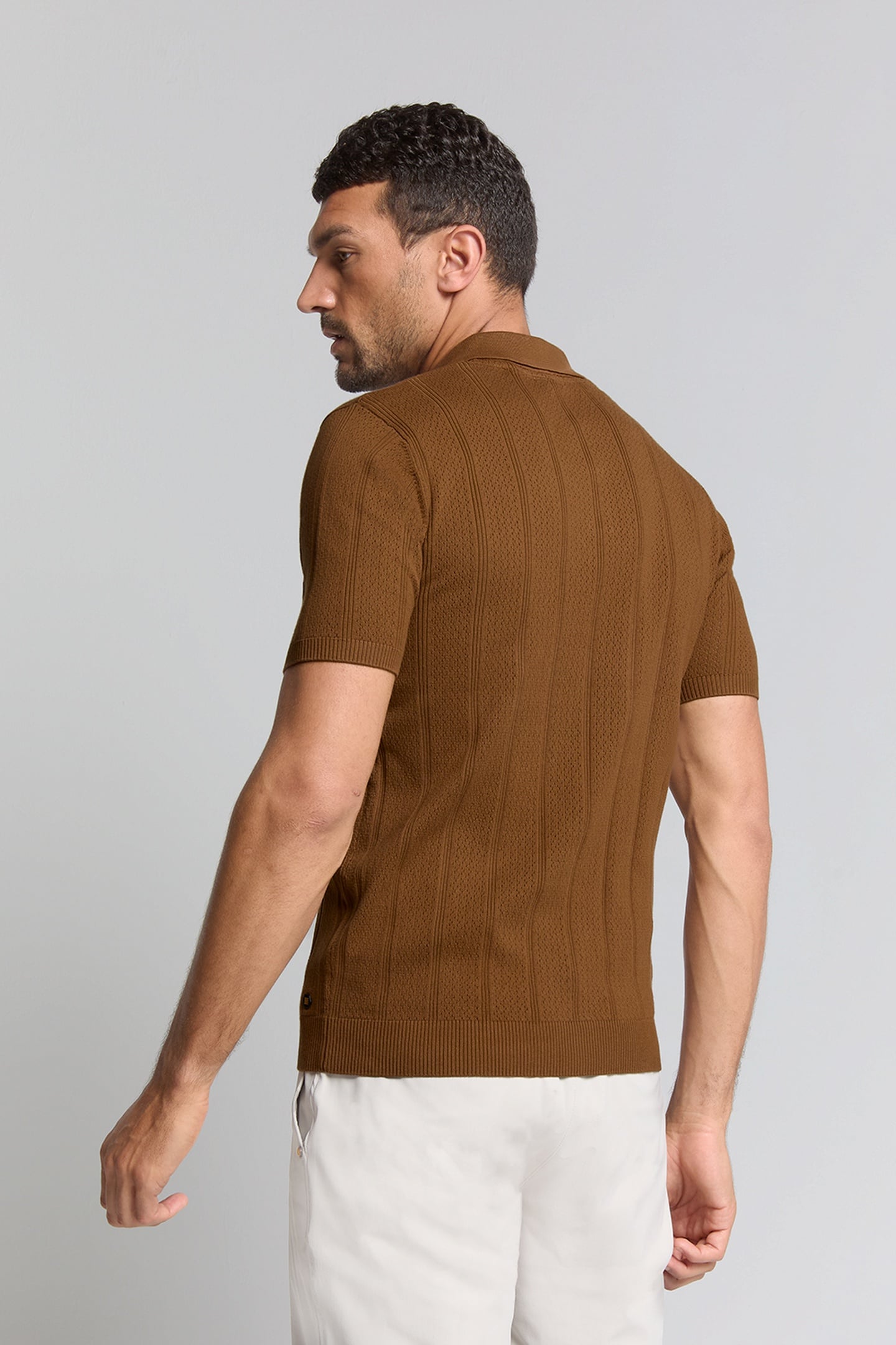 PULLOVER SHORT SLEEVE POLO BUTTON SOLID JACQUARD CAMEL 2