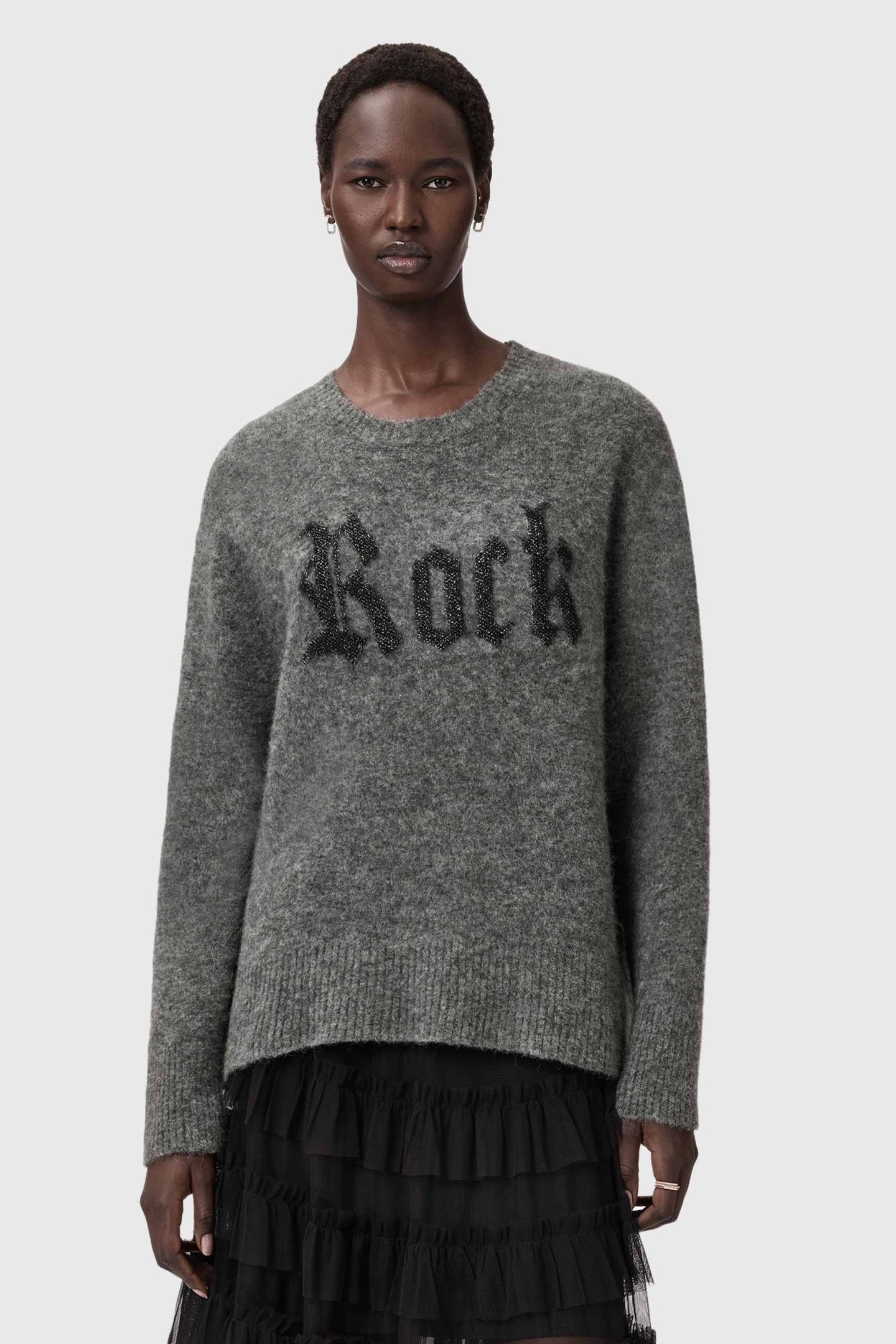 AllSaints Rock Crew Metallic/charcoal Maat: XS | Sweaters Outlet | Dames | Grijs
