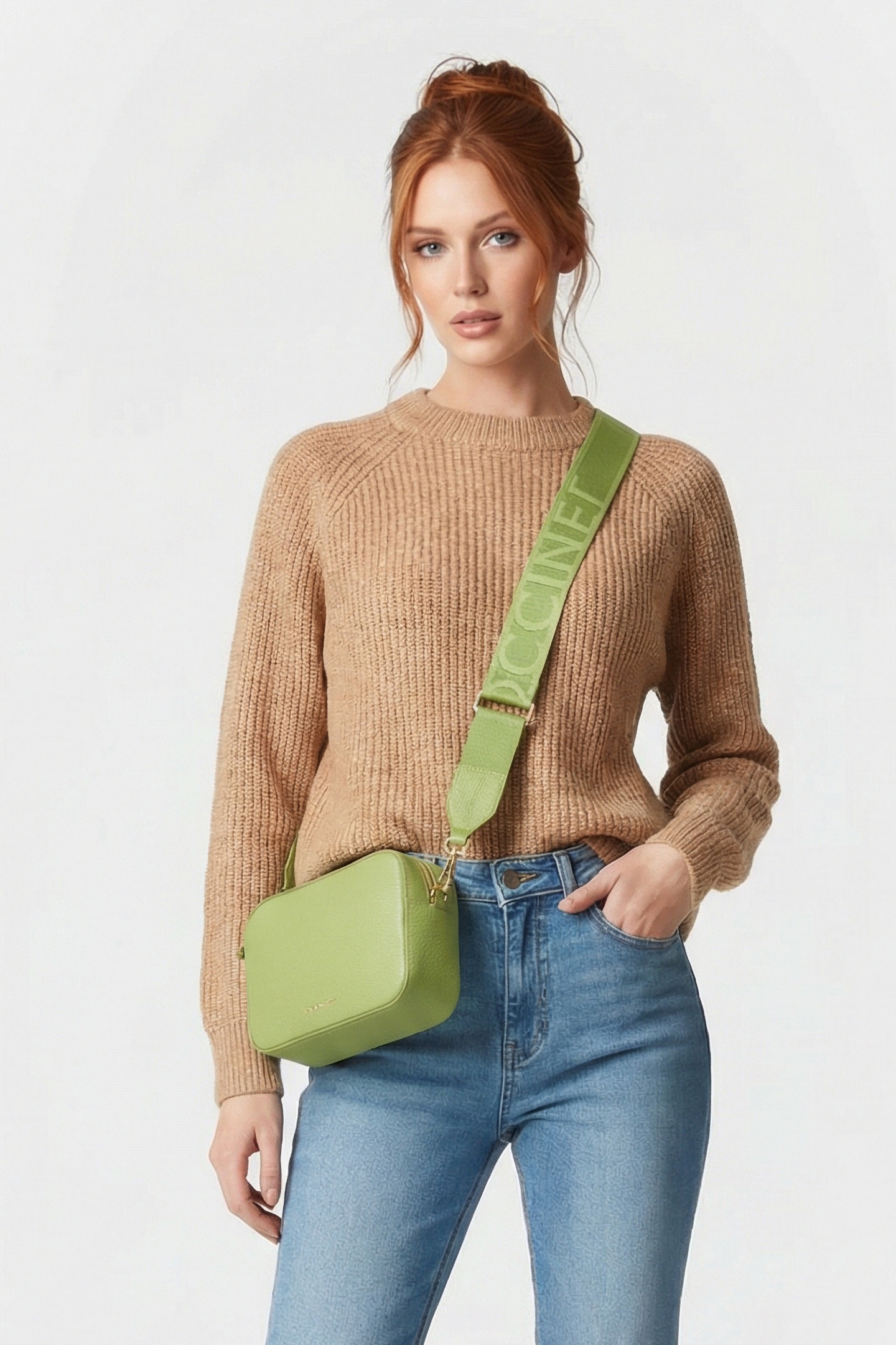 LEATHER CAMERA CROSS BODY BAG IN LIME GREEN 1
