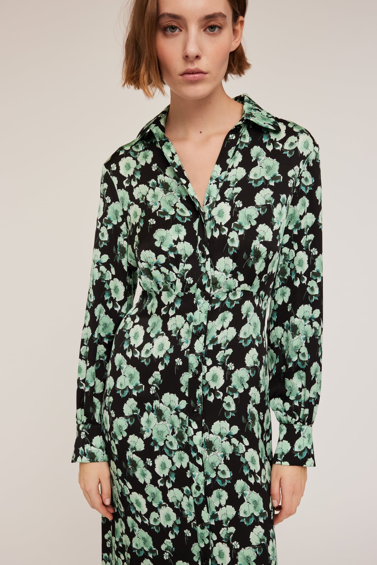 FLORAL PATTERNED SATIN CHEMISIER DRESS GREEN 4