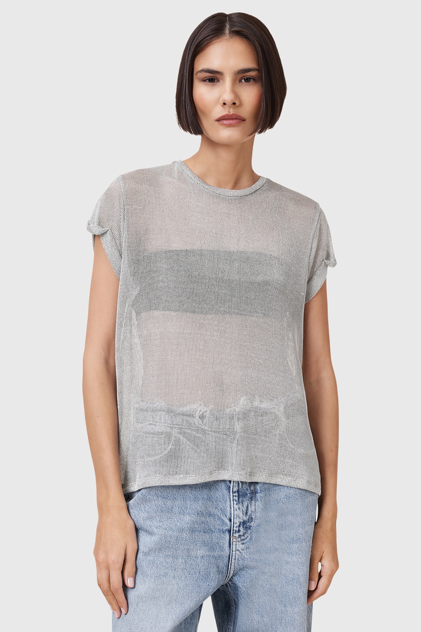 AllSaints Thea Sparkle Top Metallic Silver Maat: XS | Tops Outlet | Dames | Zilver