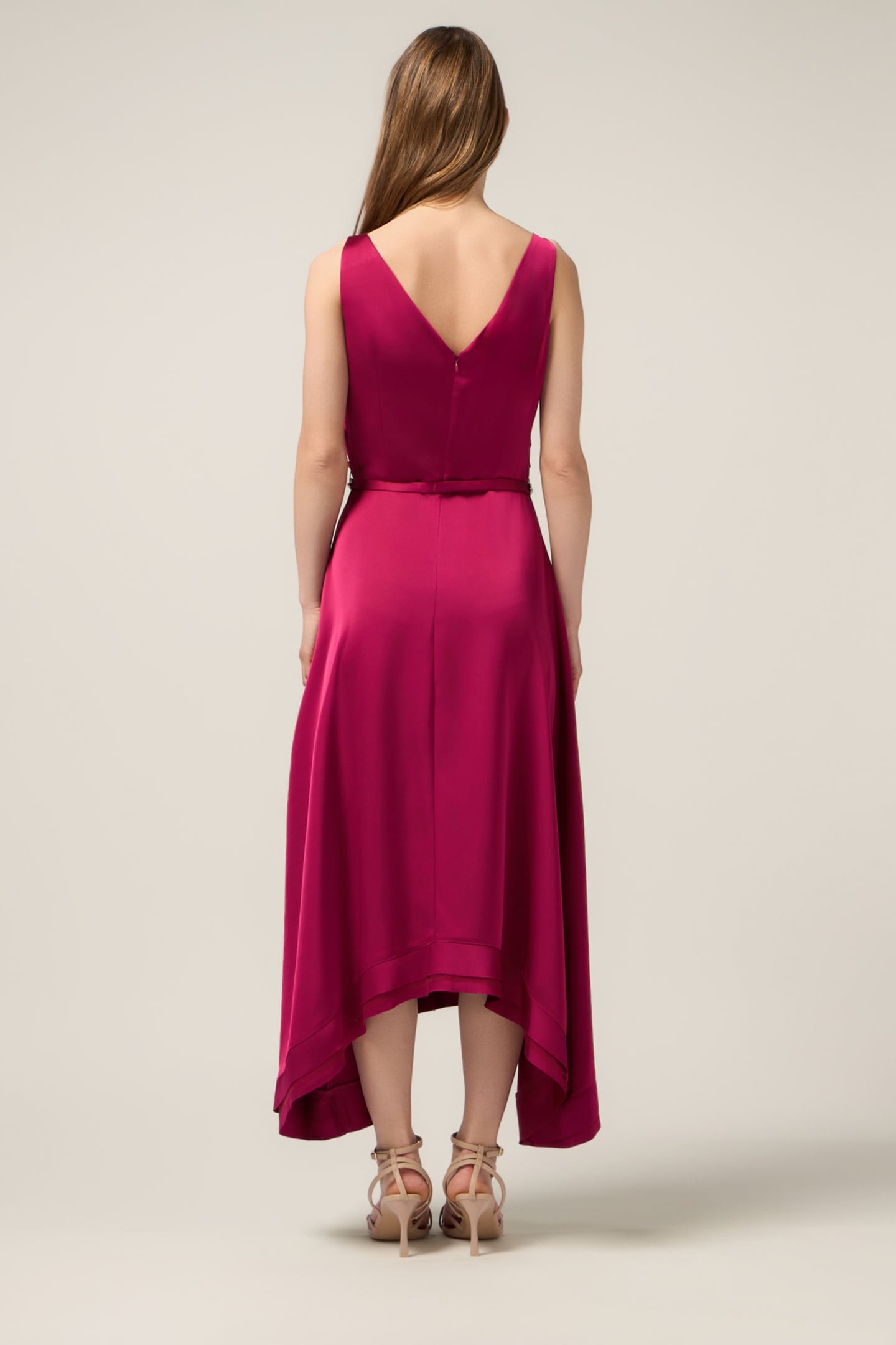 LONG SATIN DRESS WITH JEWELED BELT FUCHSIA 3
