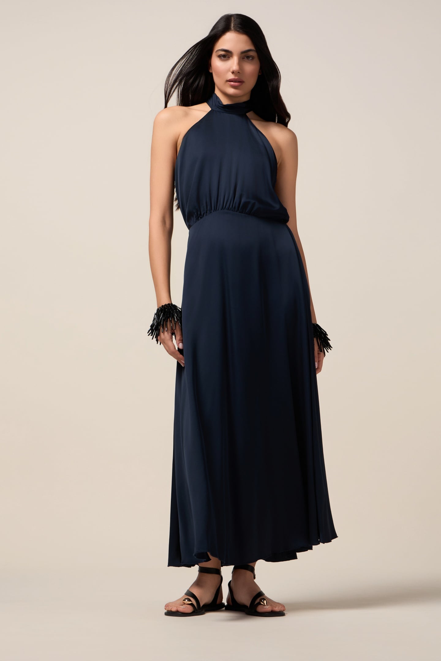 LONG SATIN DRESS WITH FLOWER BLUE 1