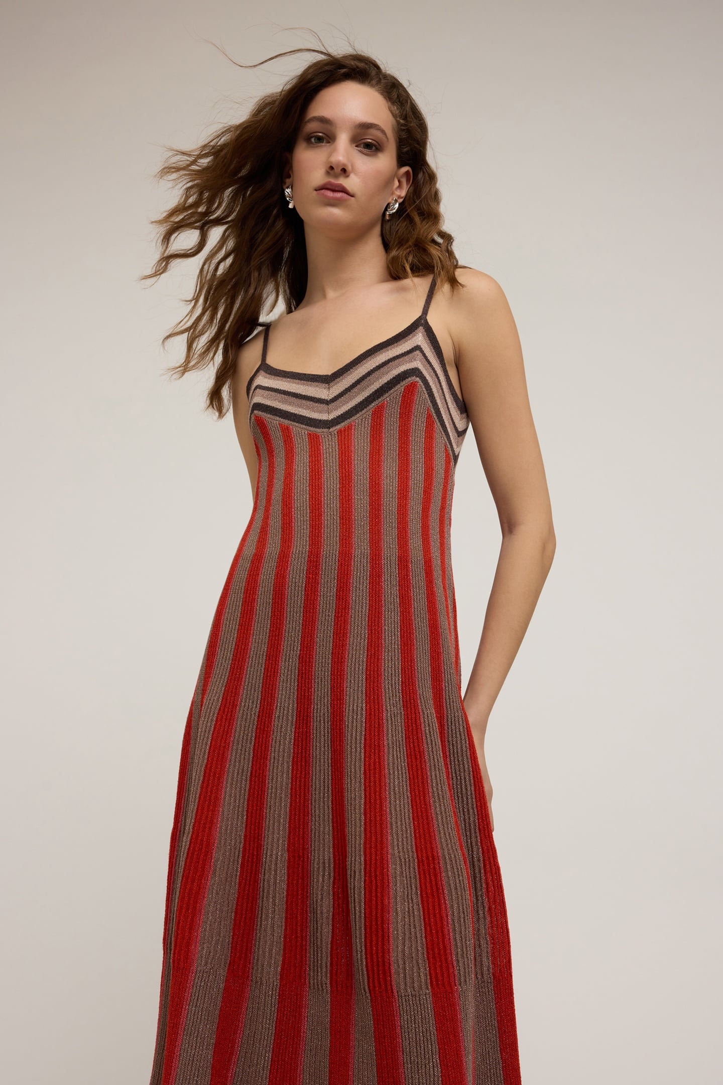 STRIPED LUREX KNIT FLARED DRESS RED 3