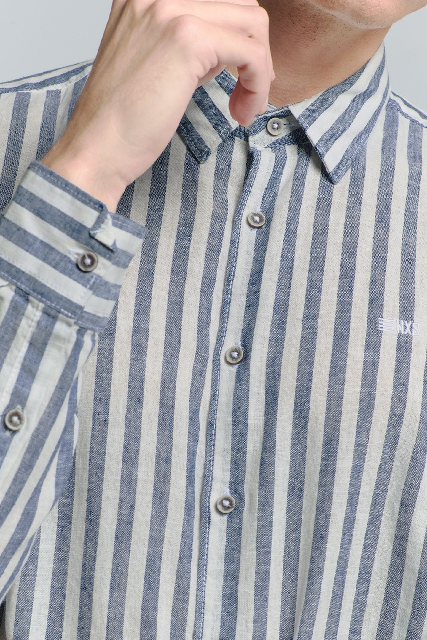 SHIRT VERICAL BIG STRIPES WITH LINEN INDIGO BLUE 9