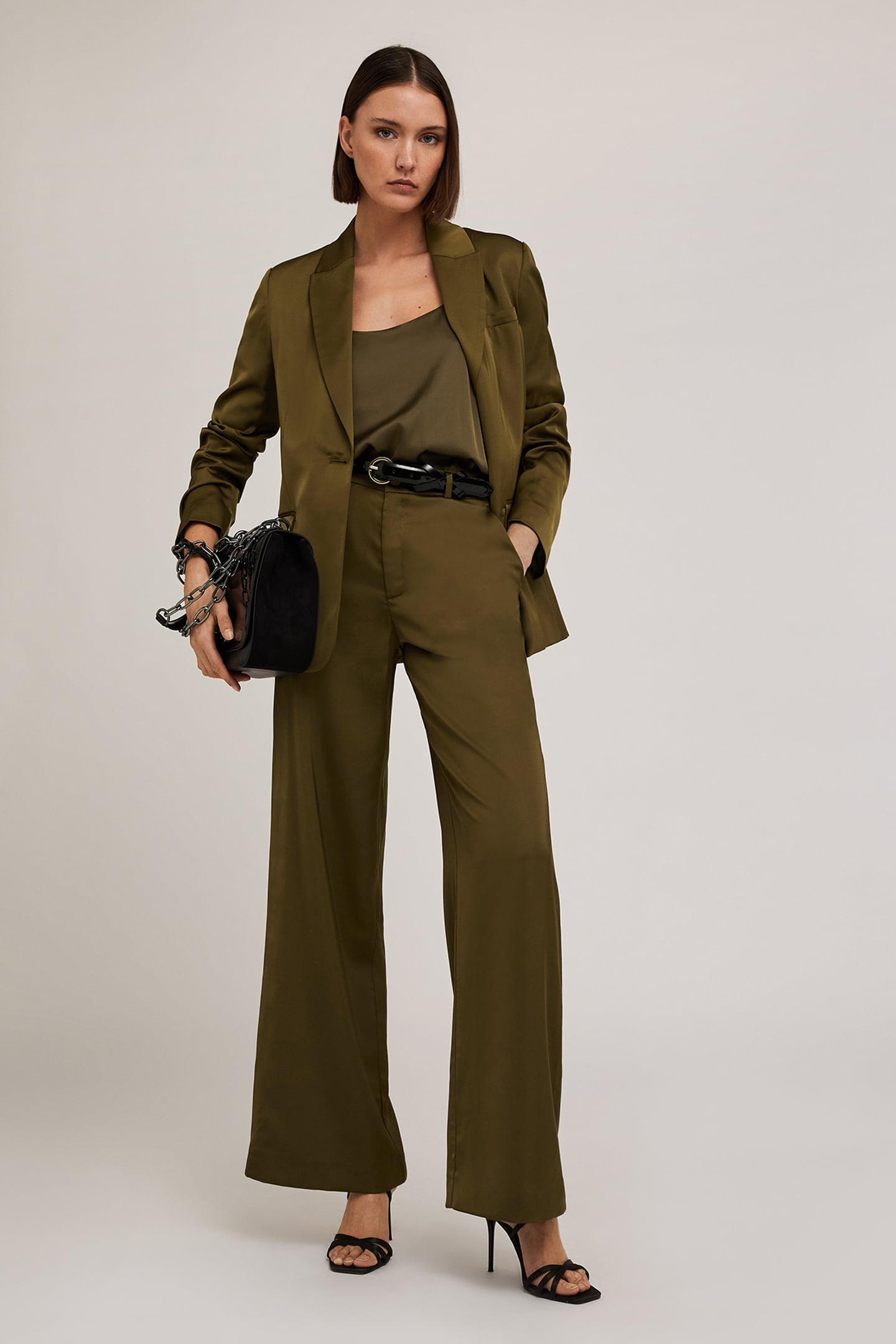SATIN PALAZZO TROUSERS MILITARY GREEN 1