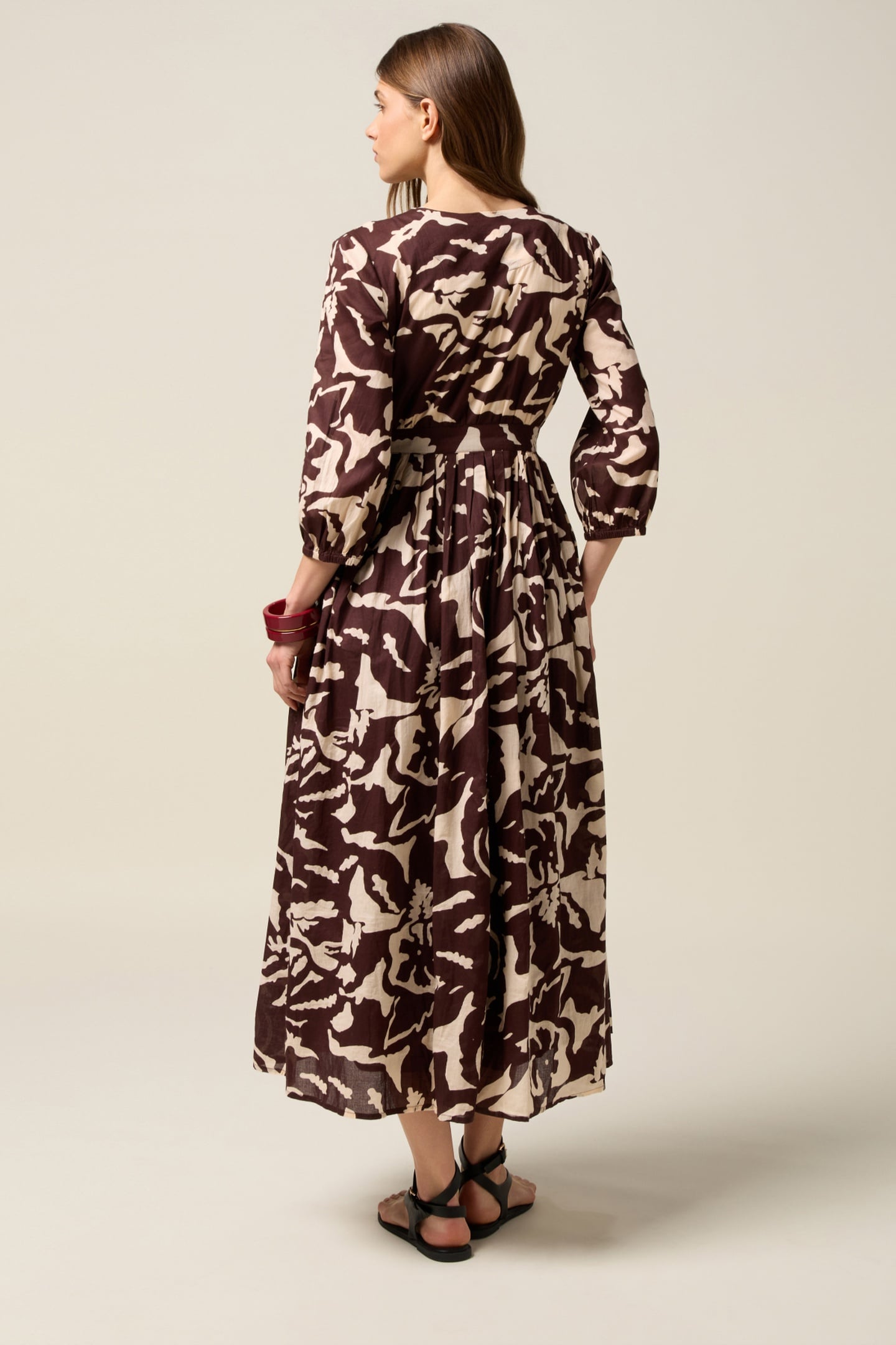 PATTERNED COTTON MIDI SHIRTDRESS BROWN 1