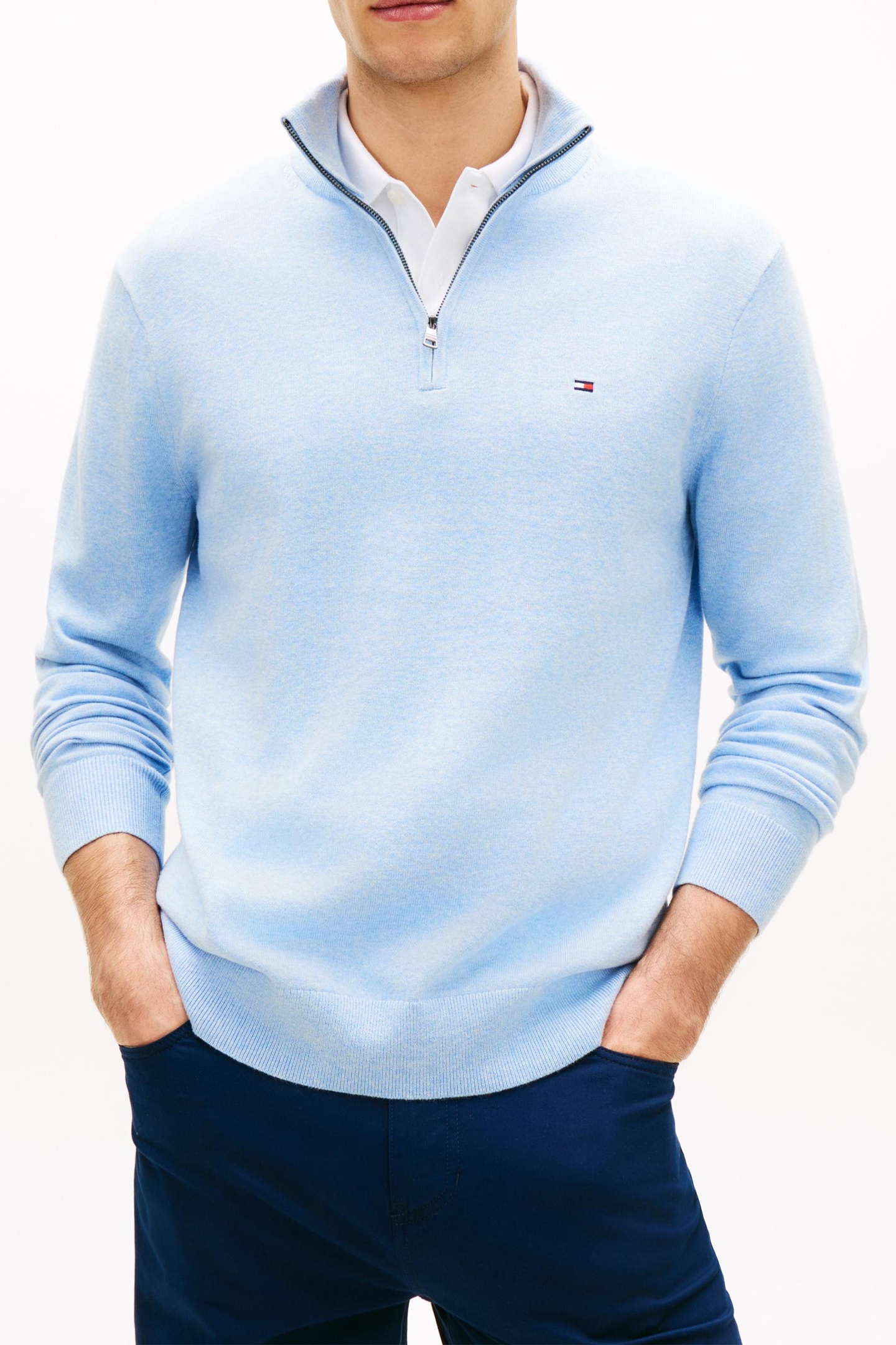 ESSENTIAL COTTON HALF ZIP VESSEL BLUE HEATHER 3