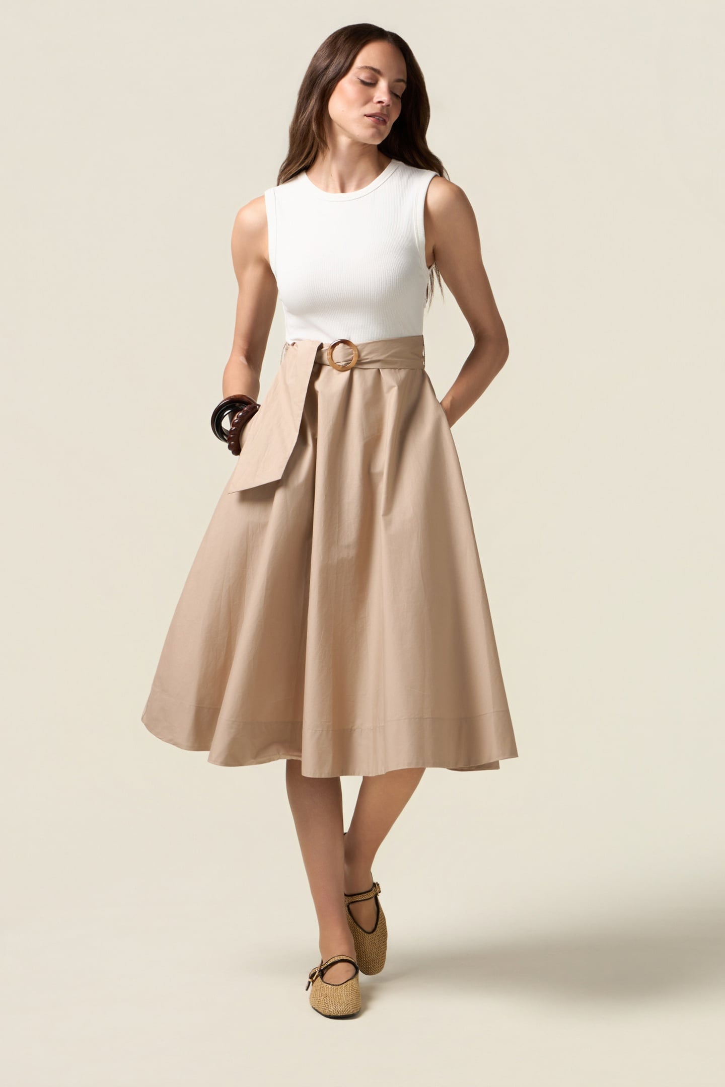 TWO-TONE DRESS WITH BELT BEIGE 2
