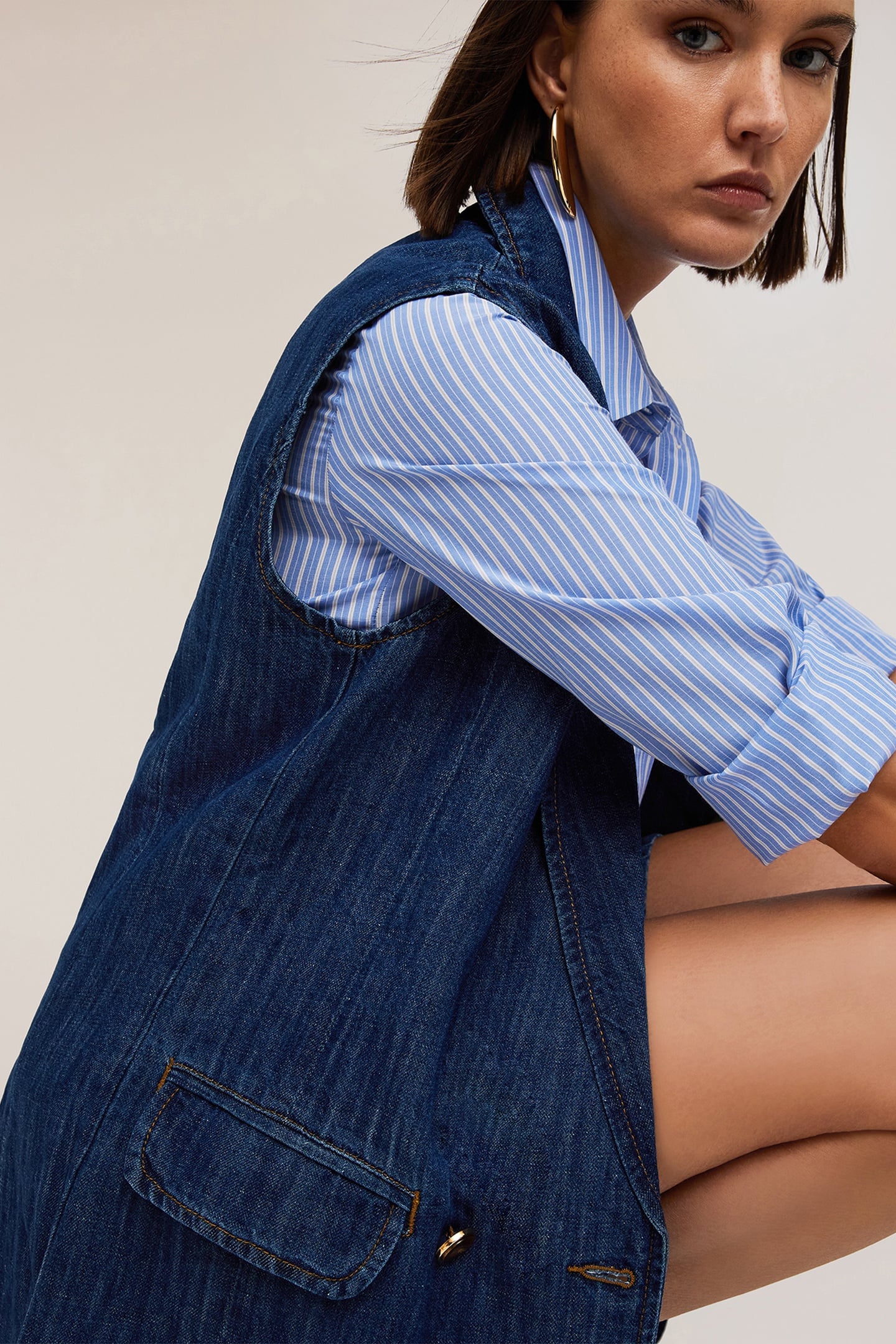 DOUBLE-BREASTED OVERSIZED WAISTCOAT IN LINEN-BLEND DENIM BLU 4