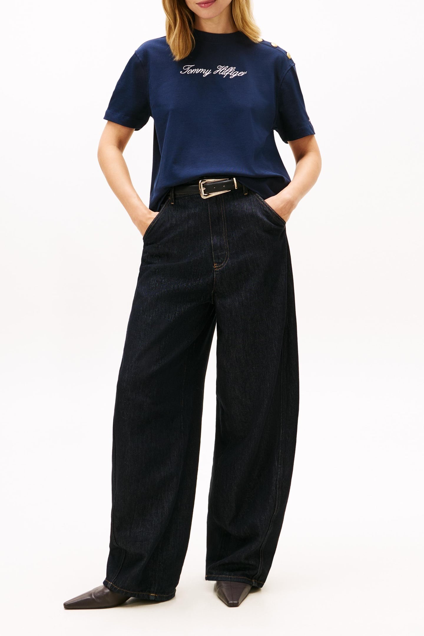 GOLD-TONE BUTTON LOGO EMBROIDERY RELAXED T-SHIRT NAVY 3