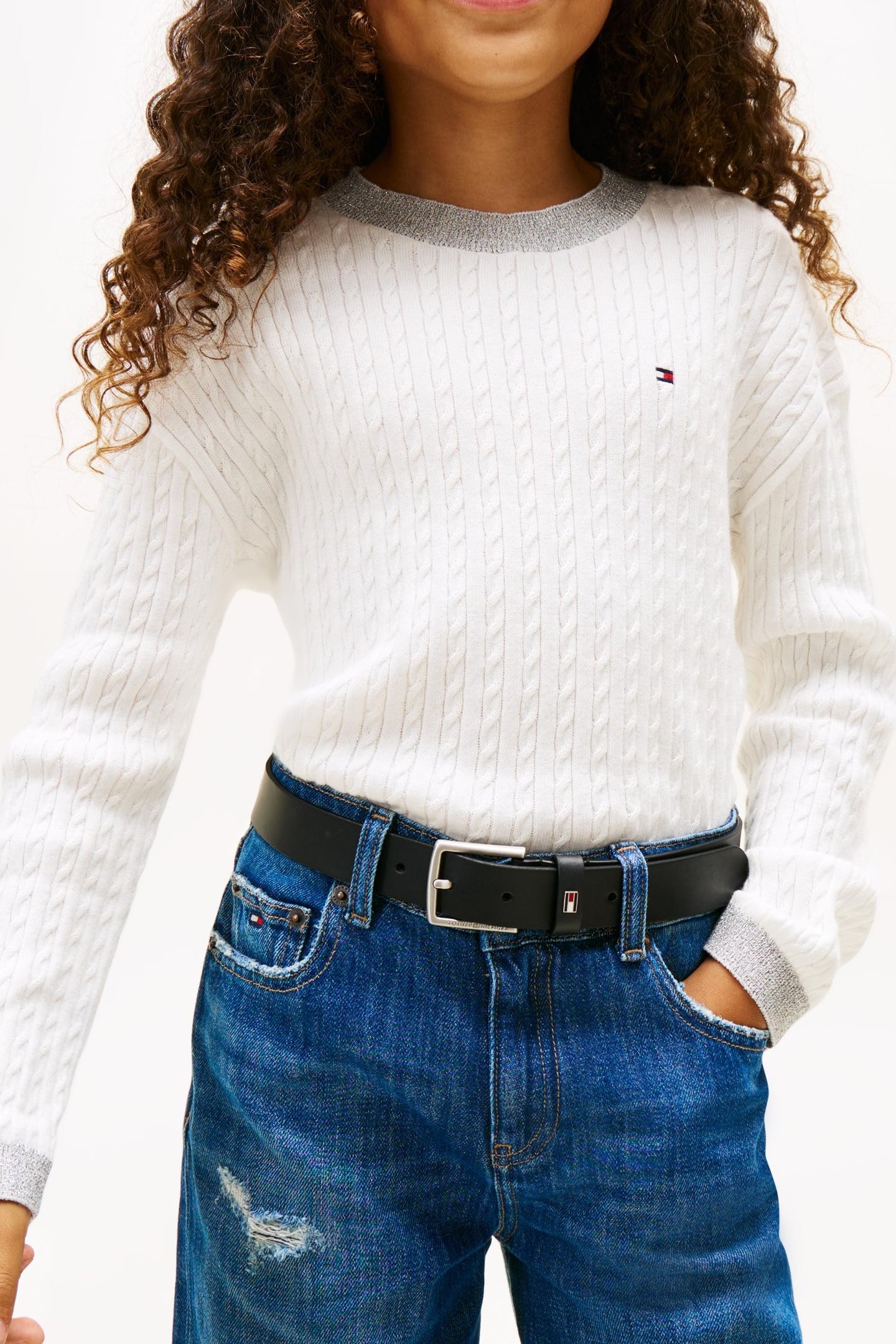 GIRLS MINI CABLE SWEATER IVORY SILK 1