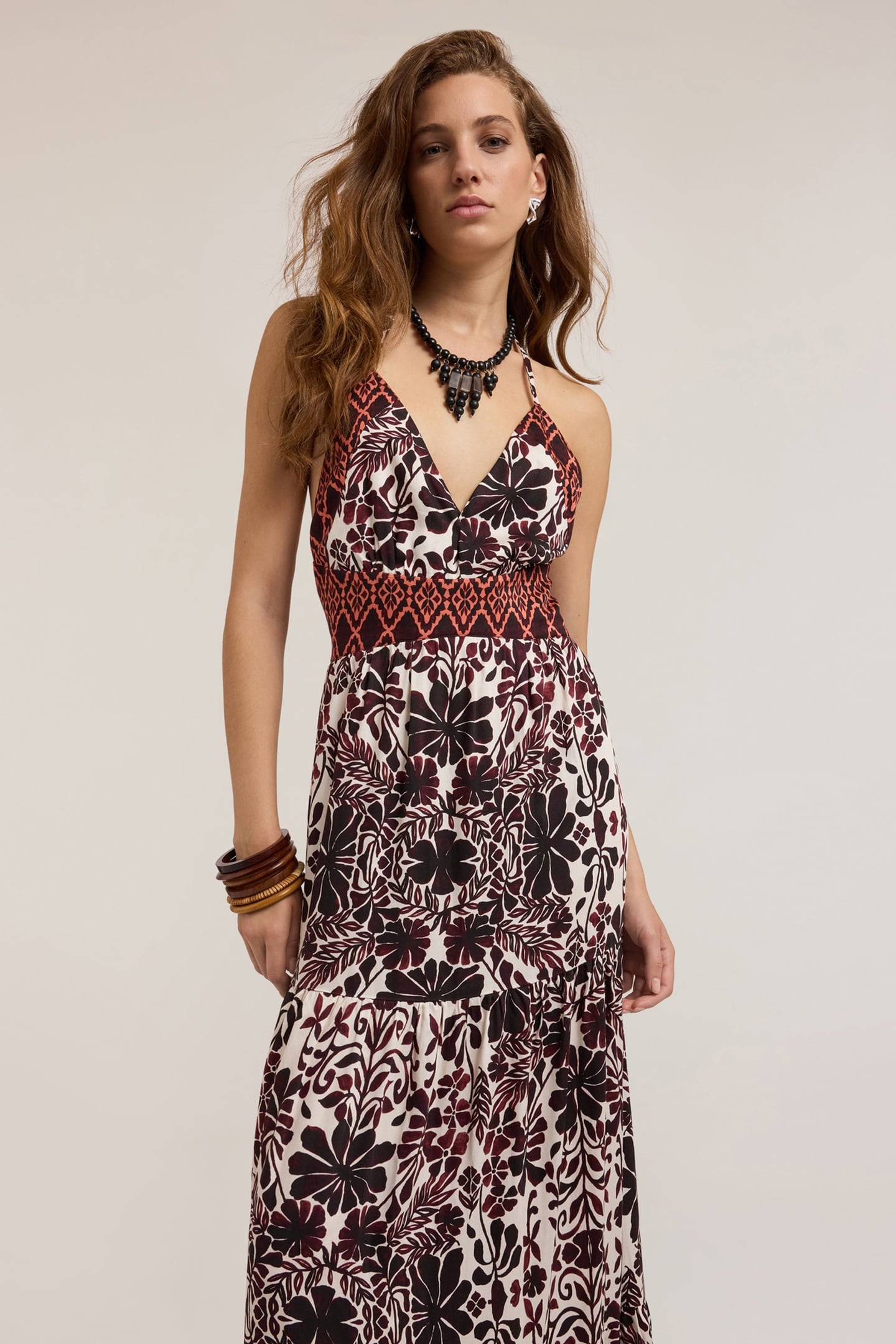 LONG SUMMER DRESS WITH ETHNIC PATTERN BROWN 3