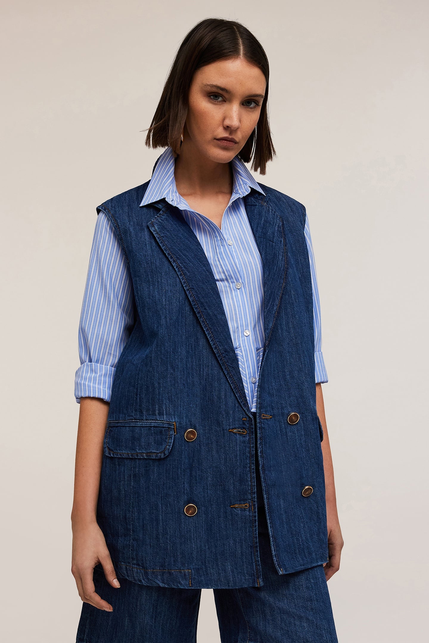 DOUBLE-BREASTED OVERSIZED WAISTCOAT IN LINEN-BLEND DENIM BLU 2