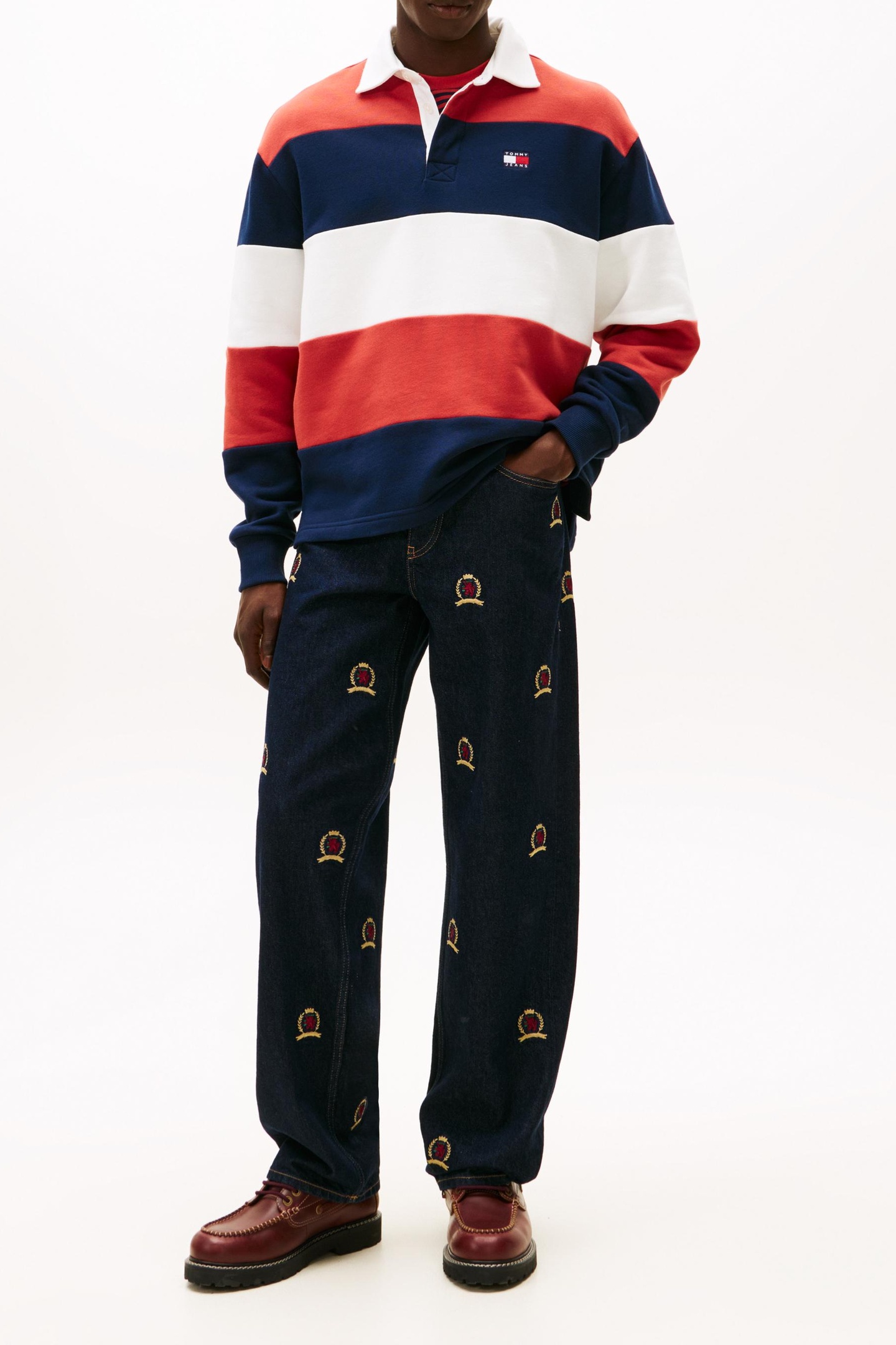 BADGE STRIPE RELAXED RUGBY SHIRT NAVY/RED/ECRU 1