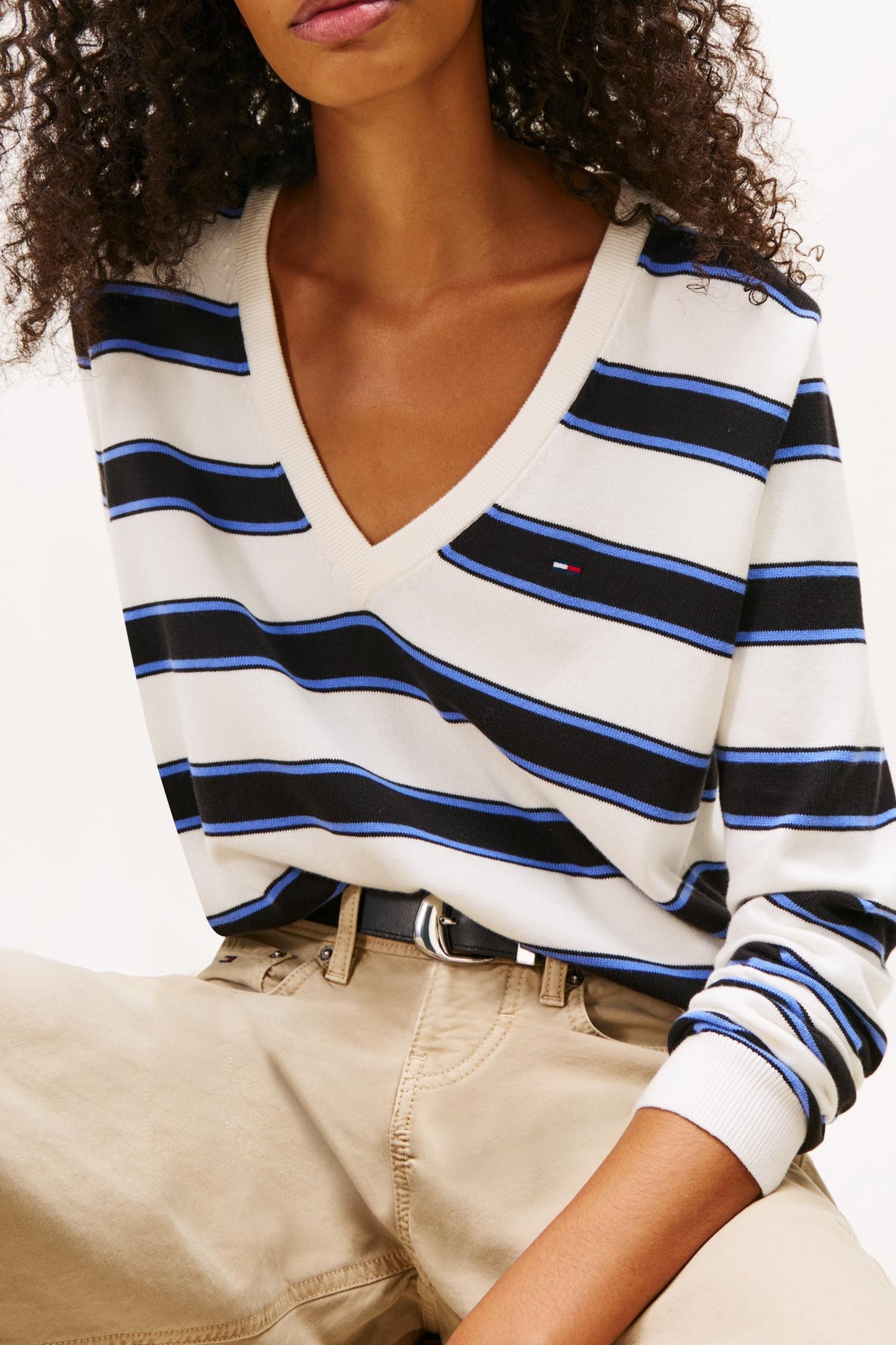 ESSENTIAL V-NECK SWEATER BLACK/MULTI STRIPE 2