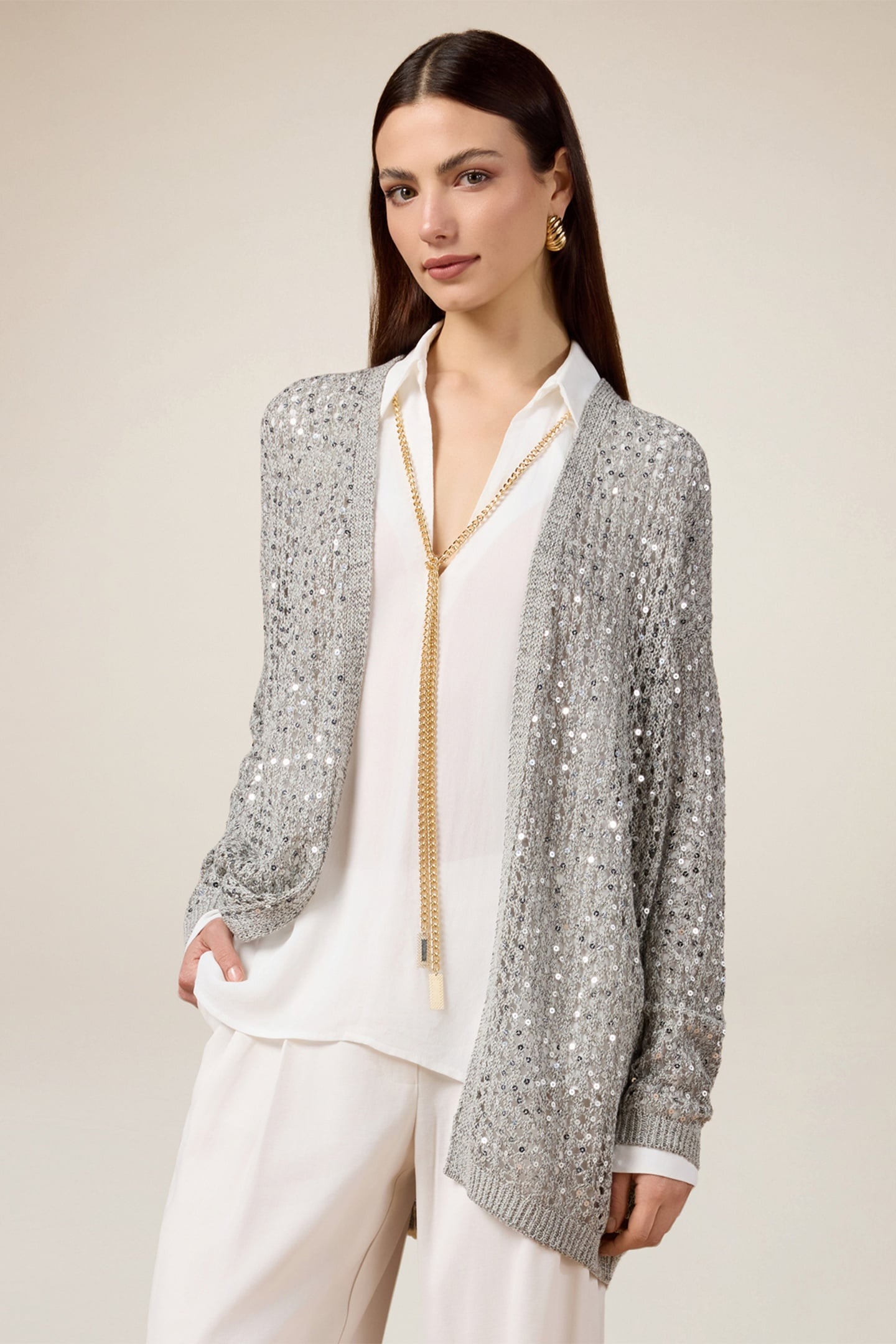 OPENWORK CARDIGAN WITH SEQUINS GREY 1