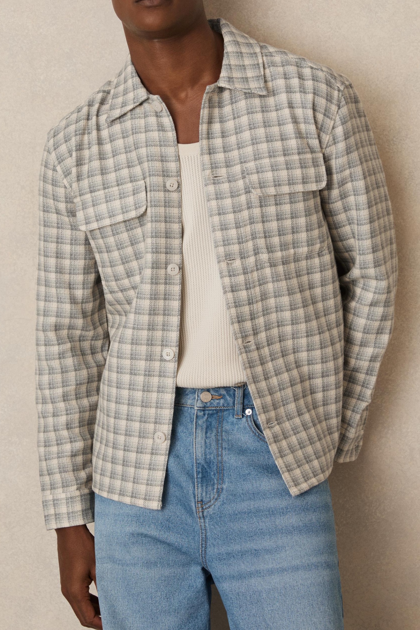 Reiss Ls Textured Check Twin Pocket Overshirt Light Grey Maat: XXL | Casual Overhemden Outlet | Heren | Grijs