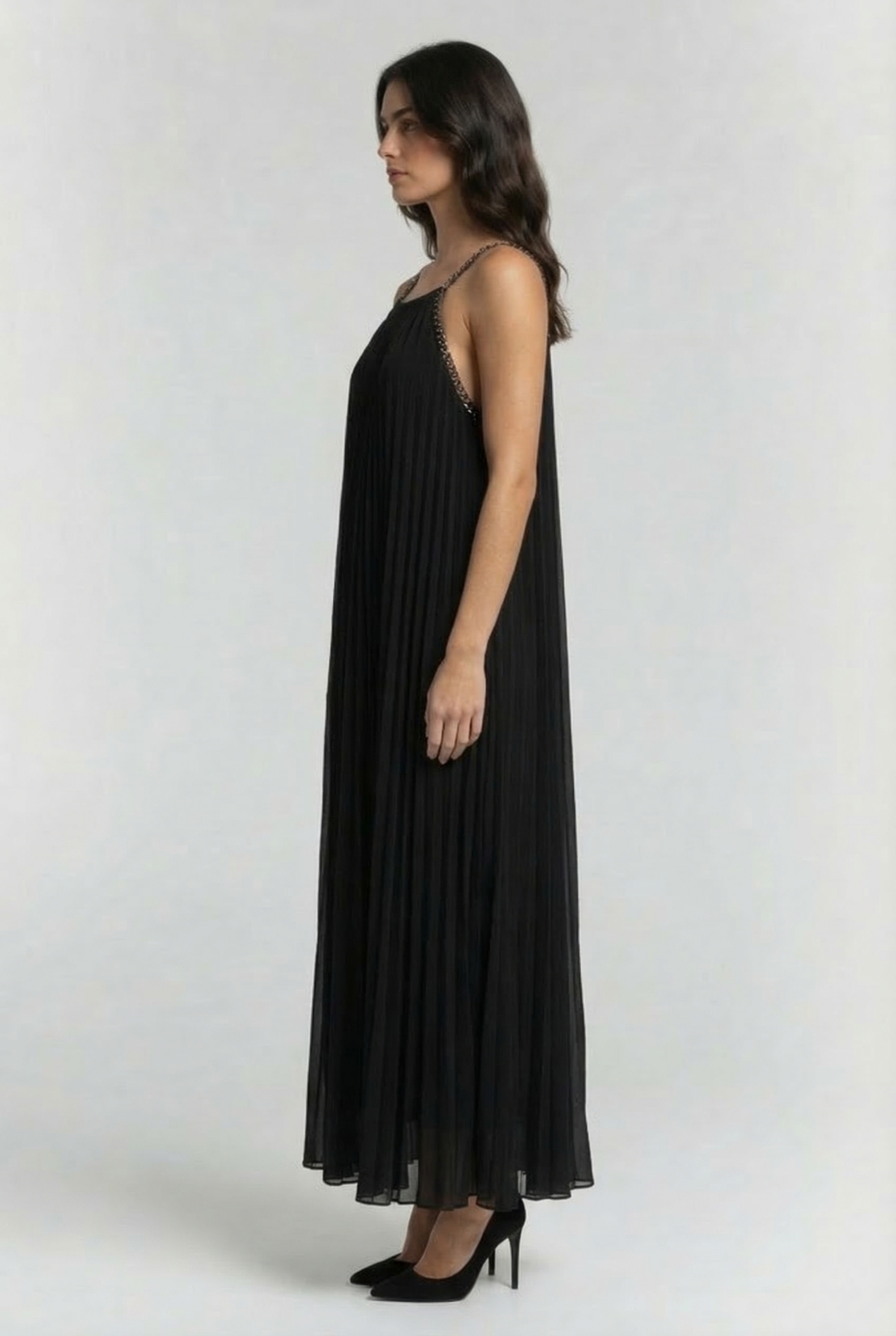 PLEATED CHAIN MIDI DRESS BLACK 3