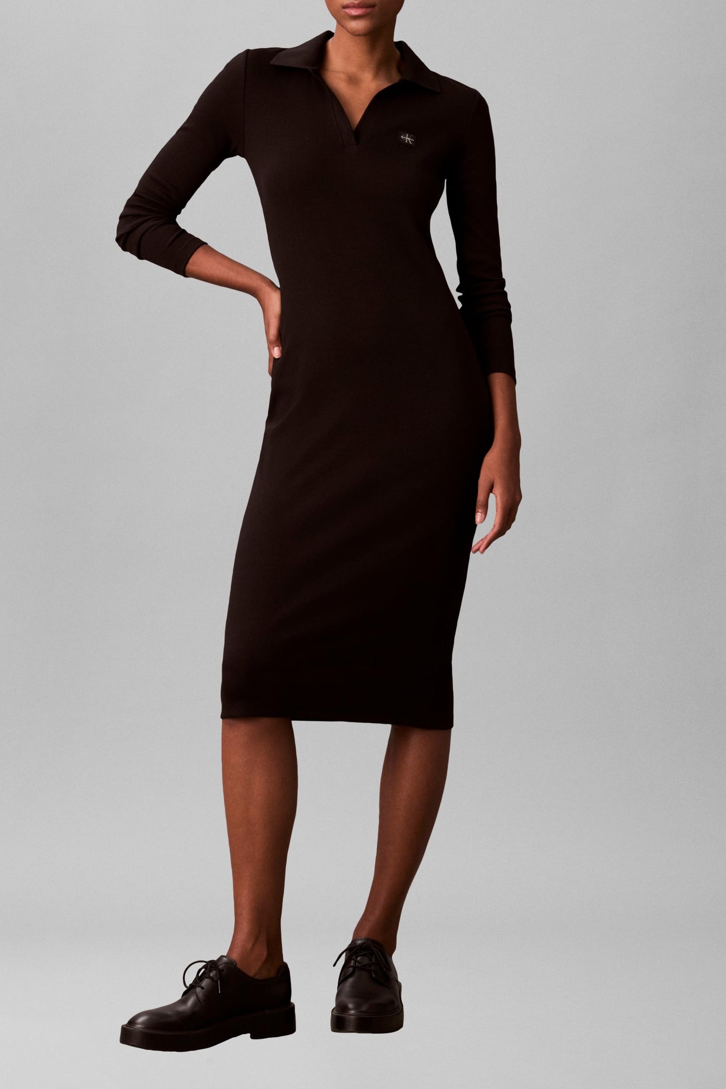 LS WOVEN LABEL JOHNNY COLLAR MIDI DRESS BLACK 1