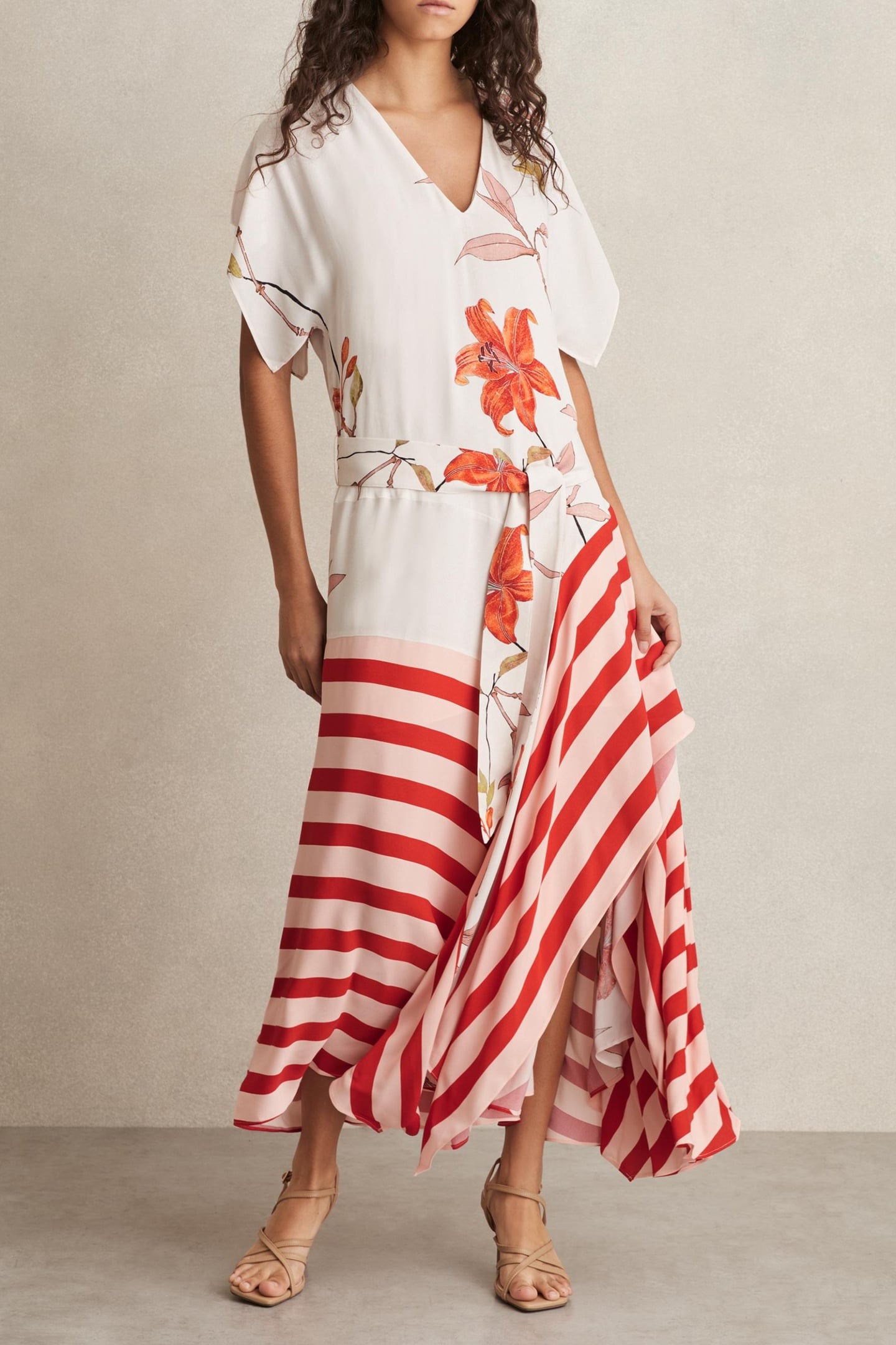 FLORAL STRIPE PRINT DRESS IVORY/RED 1