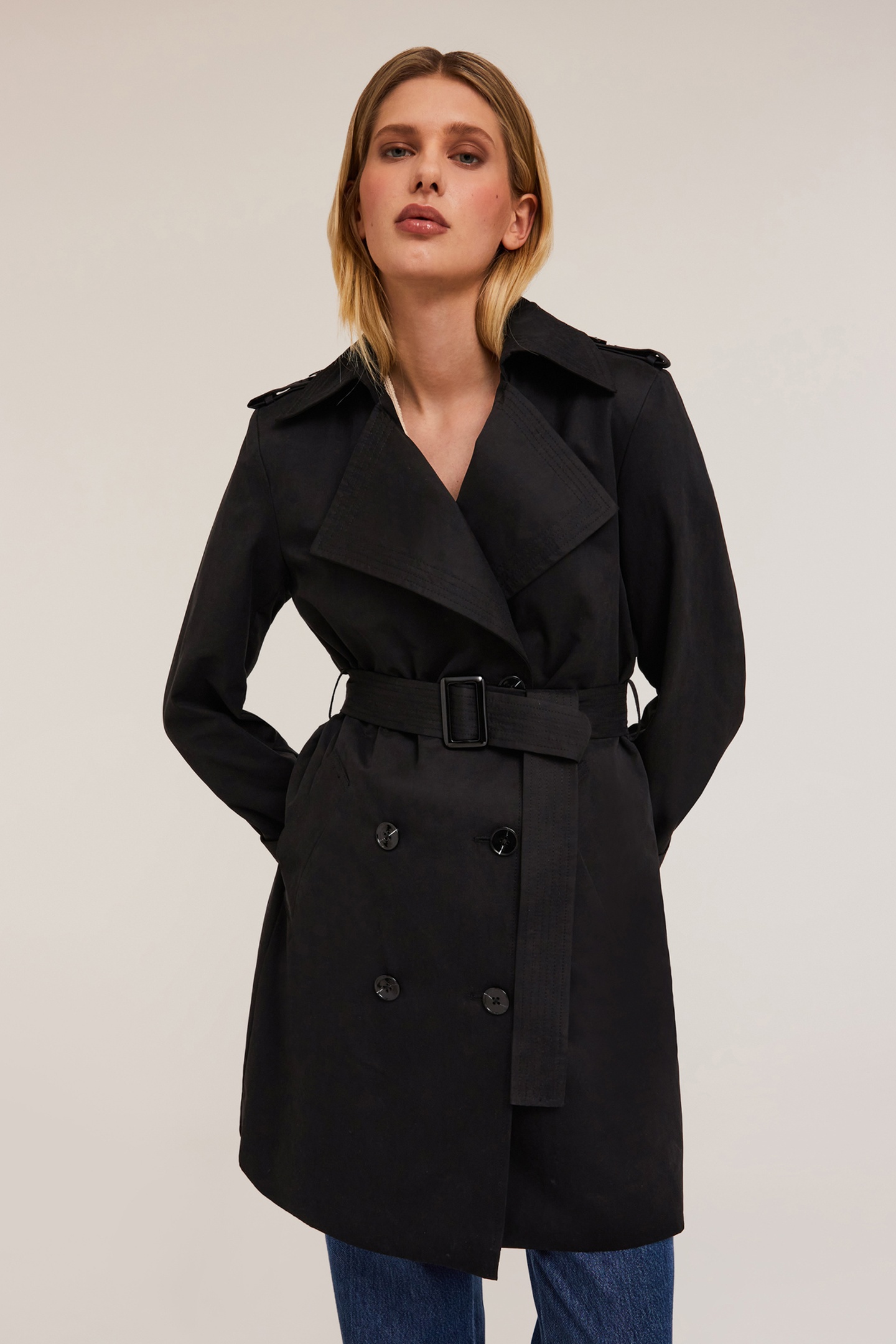 DOUBLE-BREASTED TECHNICAL FABRIC TRENCH-COAT BLACK 1