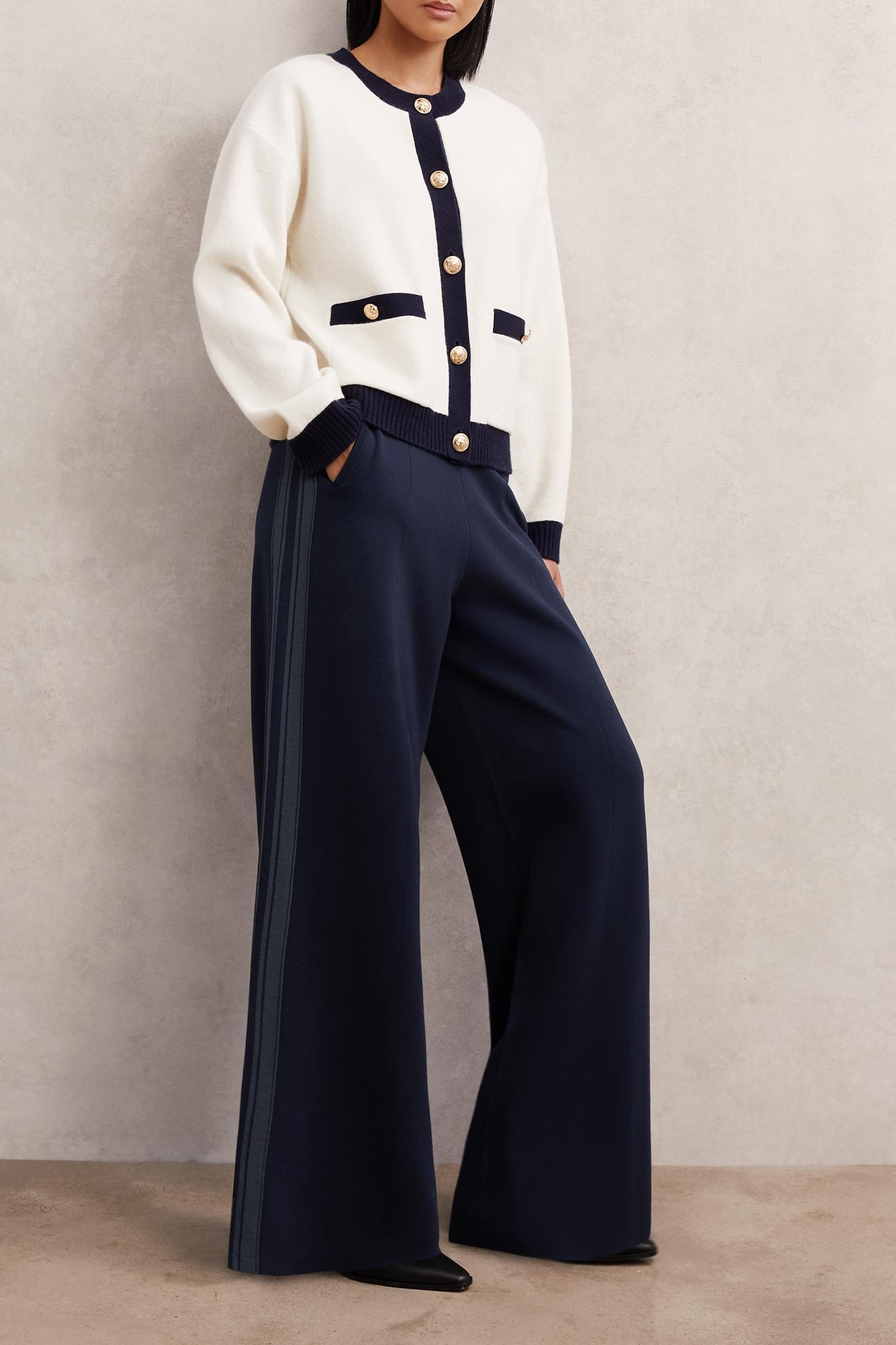 KNITTED WIDE LEG SIDE STRIPE TROUSER NAVY 1