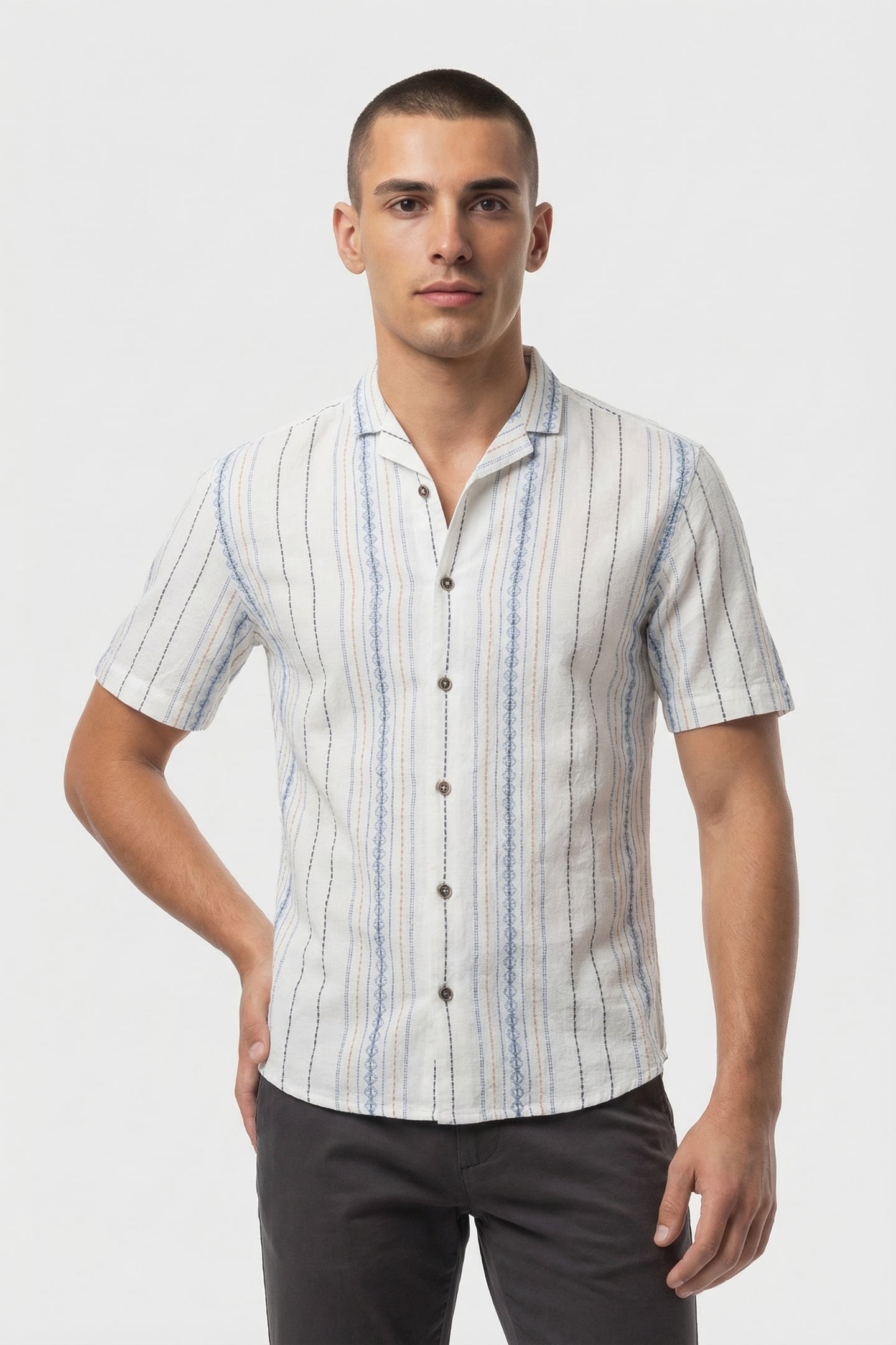 SHIRT SHORT SLEEVE REVERS COLLAR DOBBY VERTICAL EMBROIDERED  2