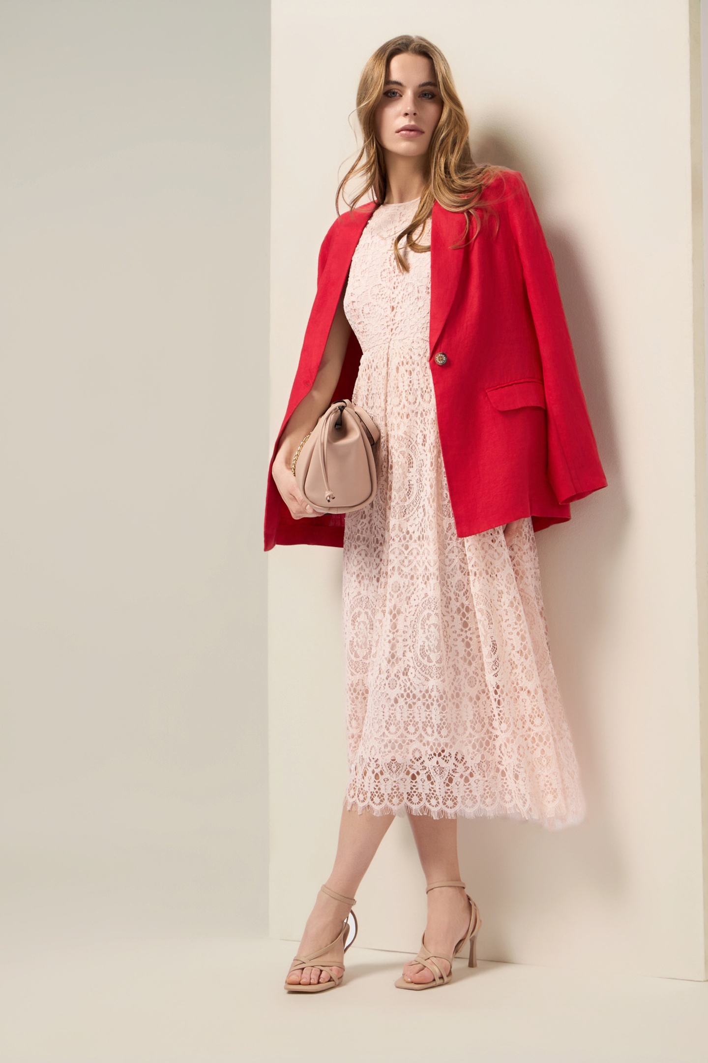 COTTON BLEND LACE MIDI DRESS PINK 1