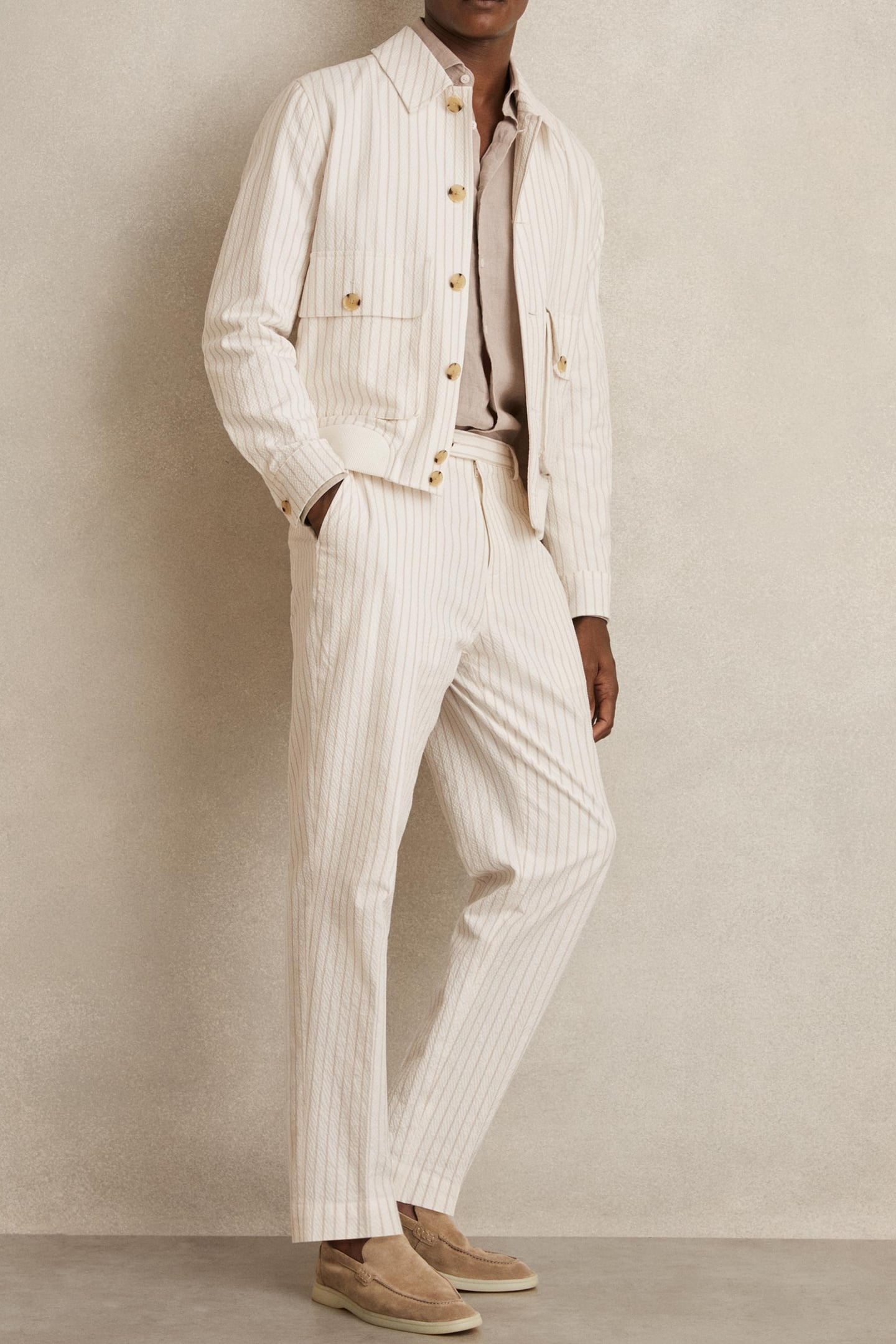 LS STRIPE SEERSUCKER HARRINGTON OFF WHITE/TAUPE BROWN 5