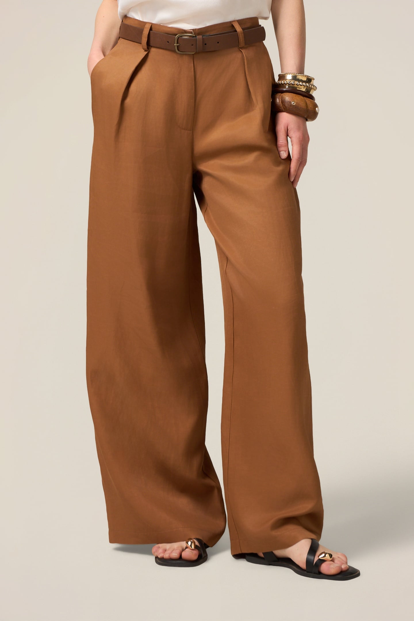WIDE-LEG LINEN BLEND TROUSERS BROWN 1