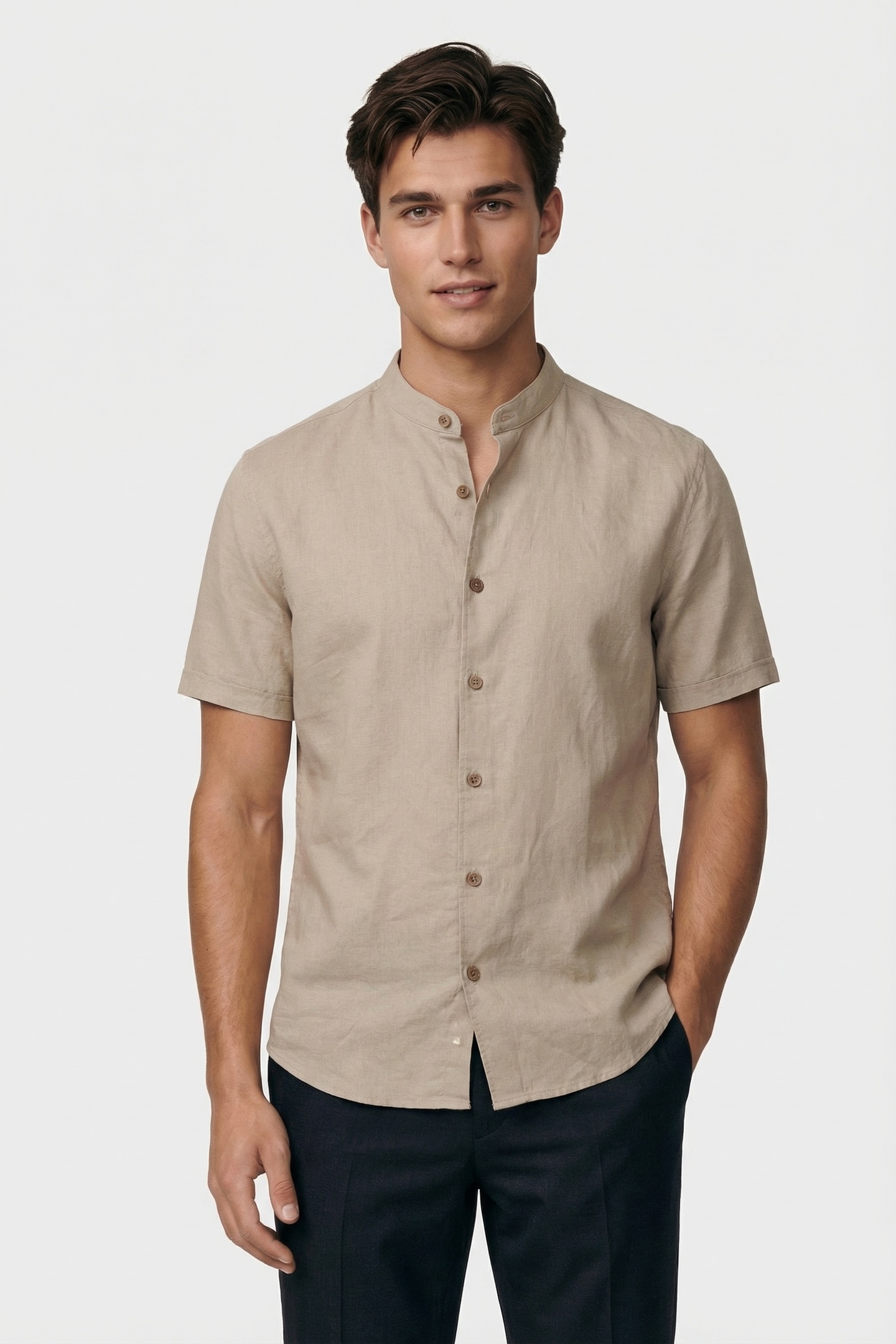 SHIRT SHORT SLEEVE GRANDDAD SOLID WITH LINEN LIGHT DESERT 2