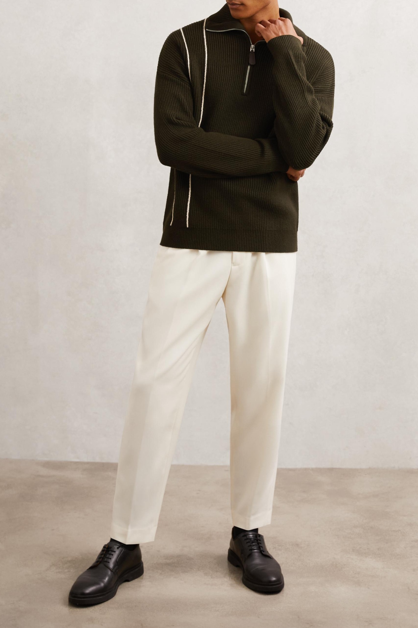 LS HALF ZIP FUNNEL NECK RIBBED JUMPER DARK OLIVE GREEN 1