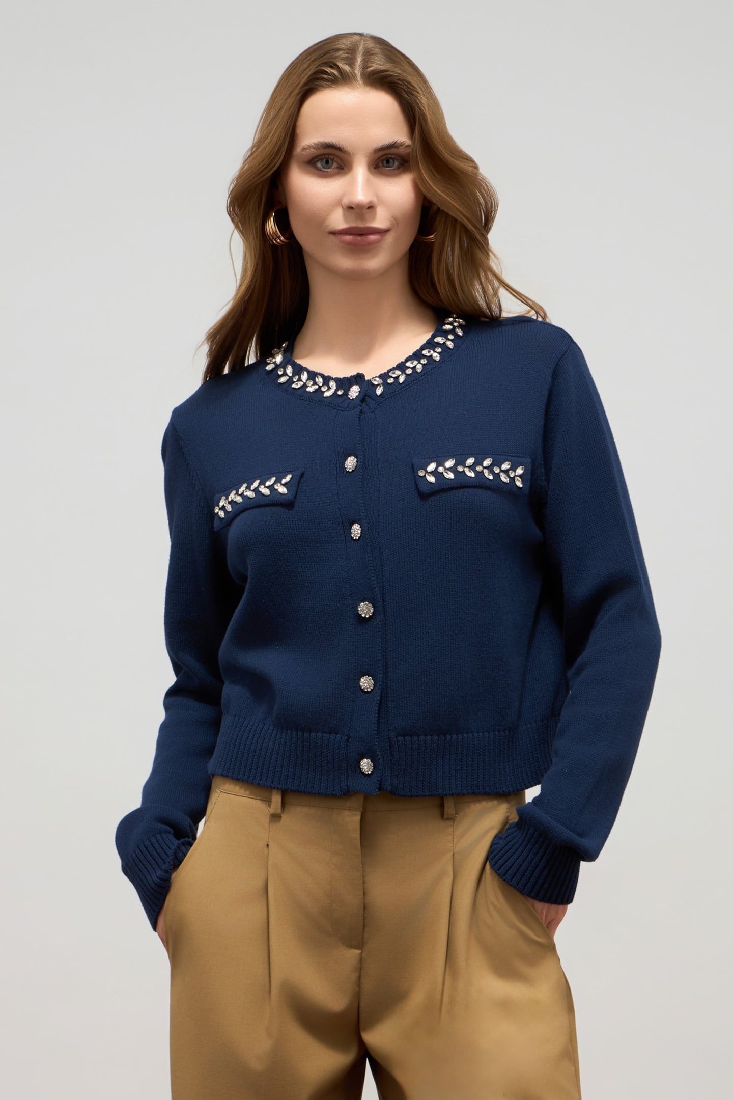 COTTON BLEND CARDIGAN WITH JEWEL DETAILS BLUE 1