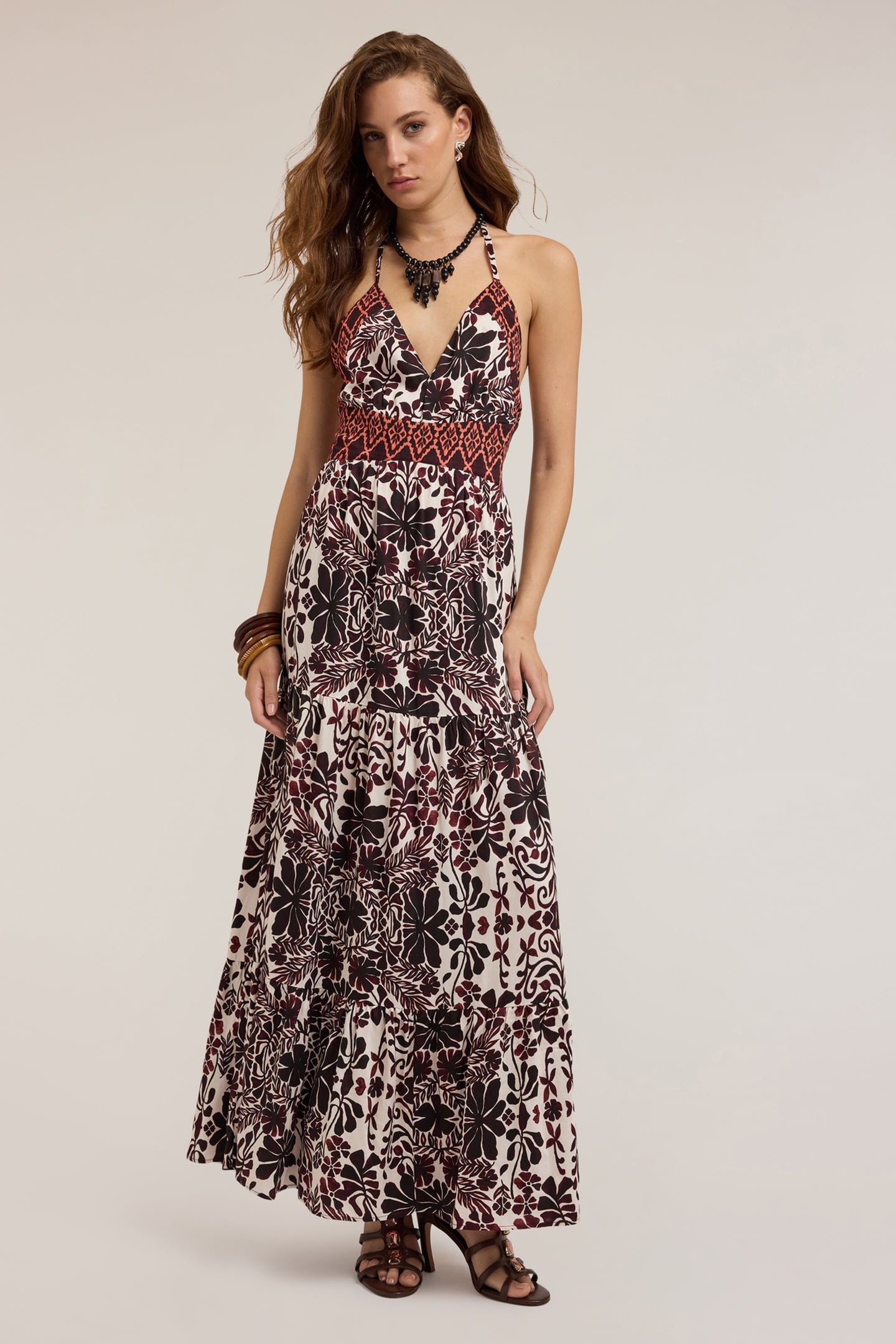 LONG SUMMER DRESS WITH ETHNIC PATTERN BROWN 1
