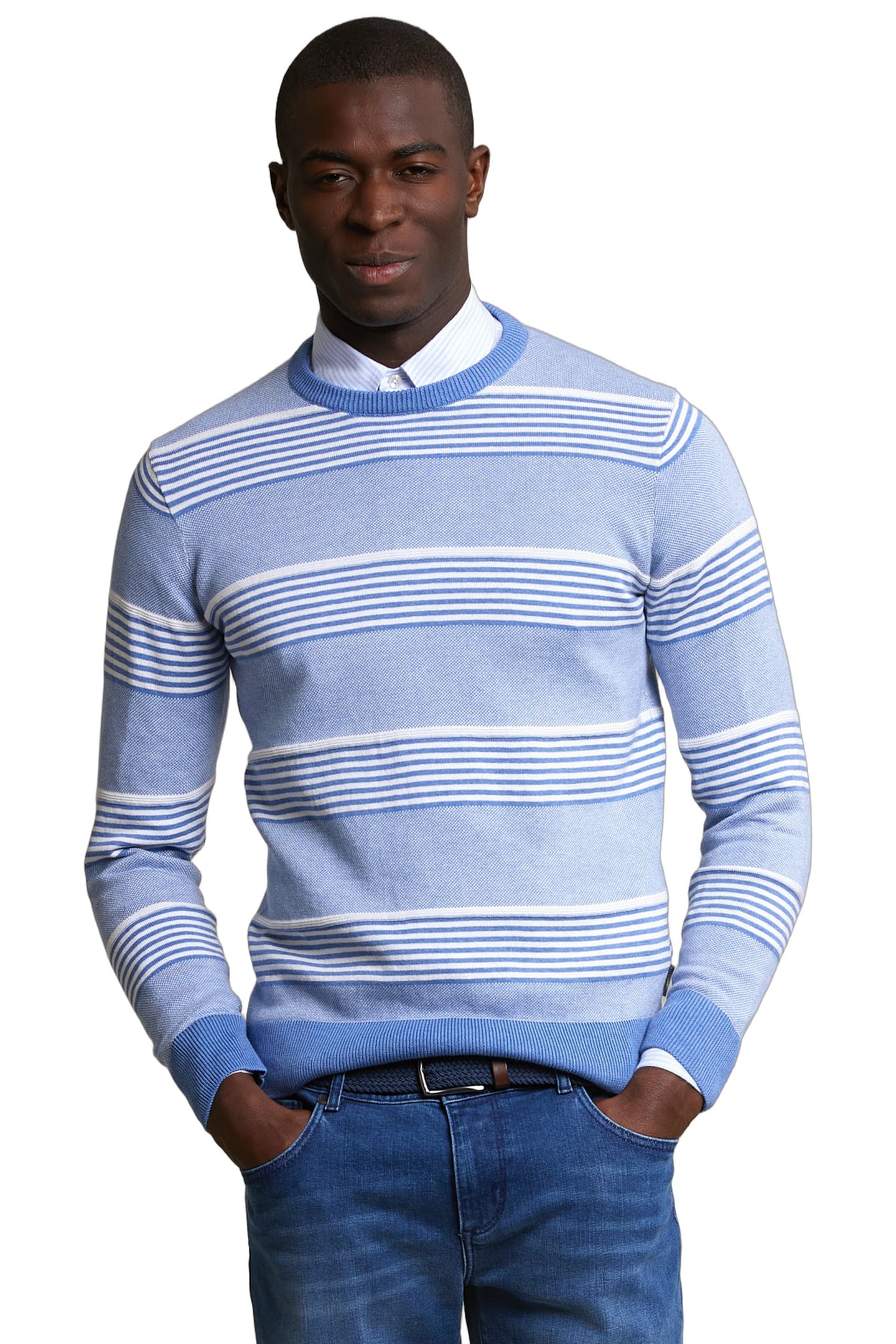CUSTOM FIT COTTON STRIPED CREW NECK PULLOVER LT HAMPTONS MIX 1