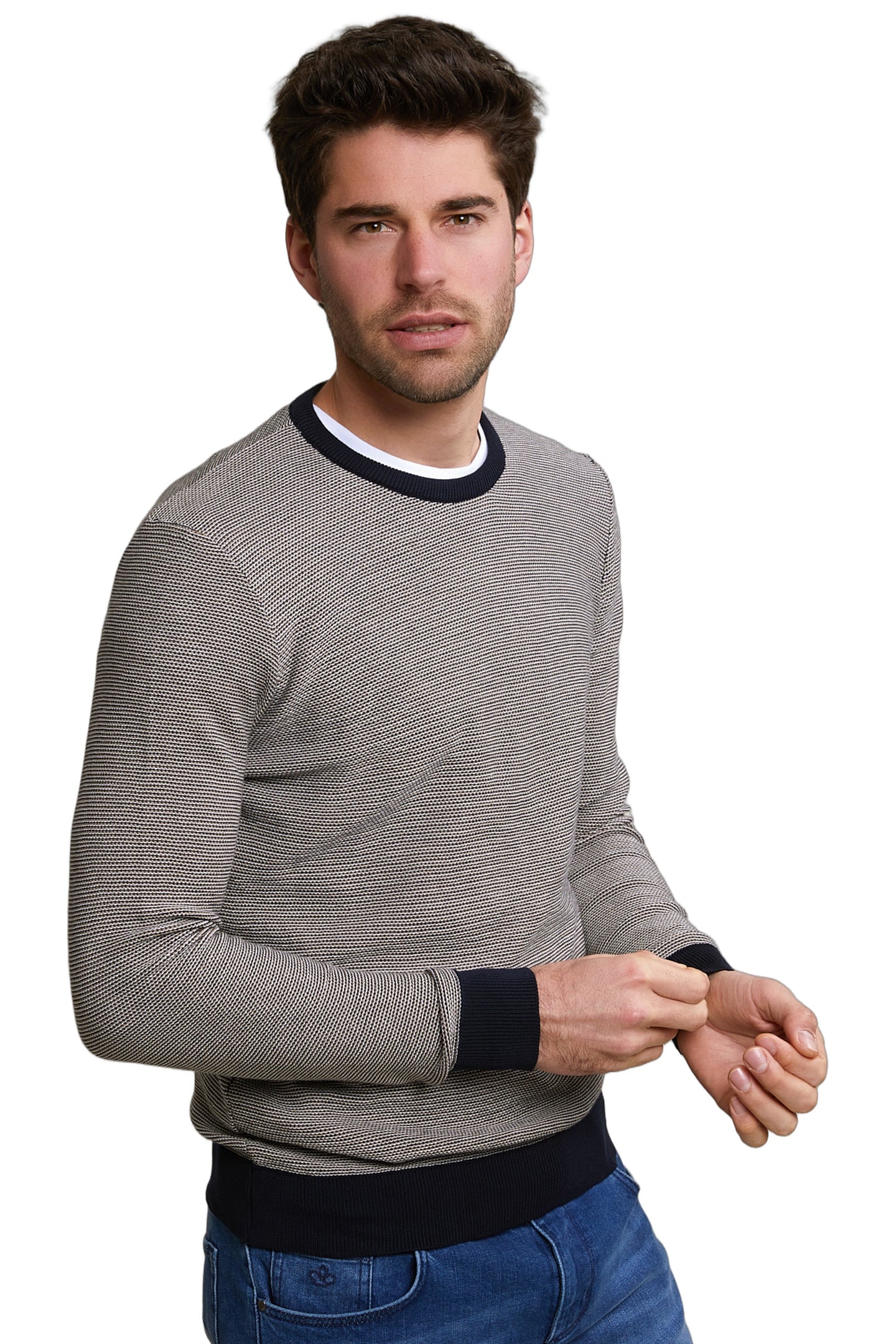 SLIM FIT DOTTED PIMA COTTON CREW NECK SWEATER NAVY 1