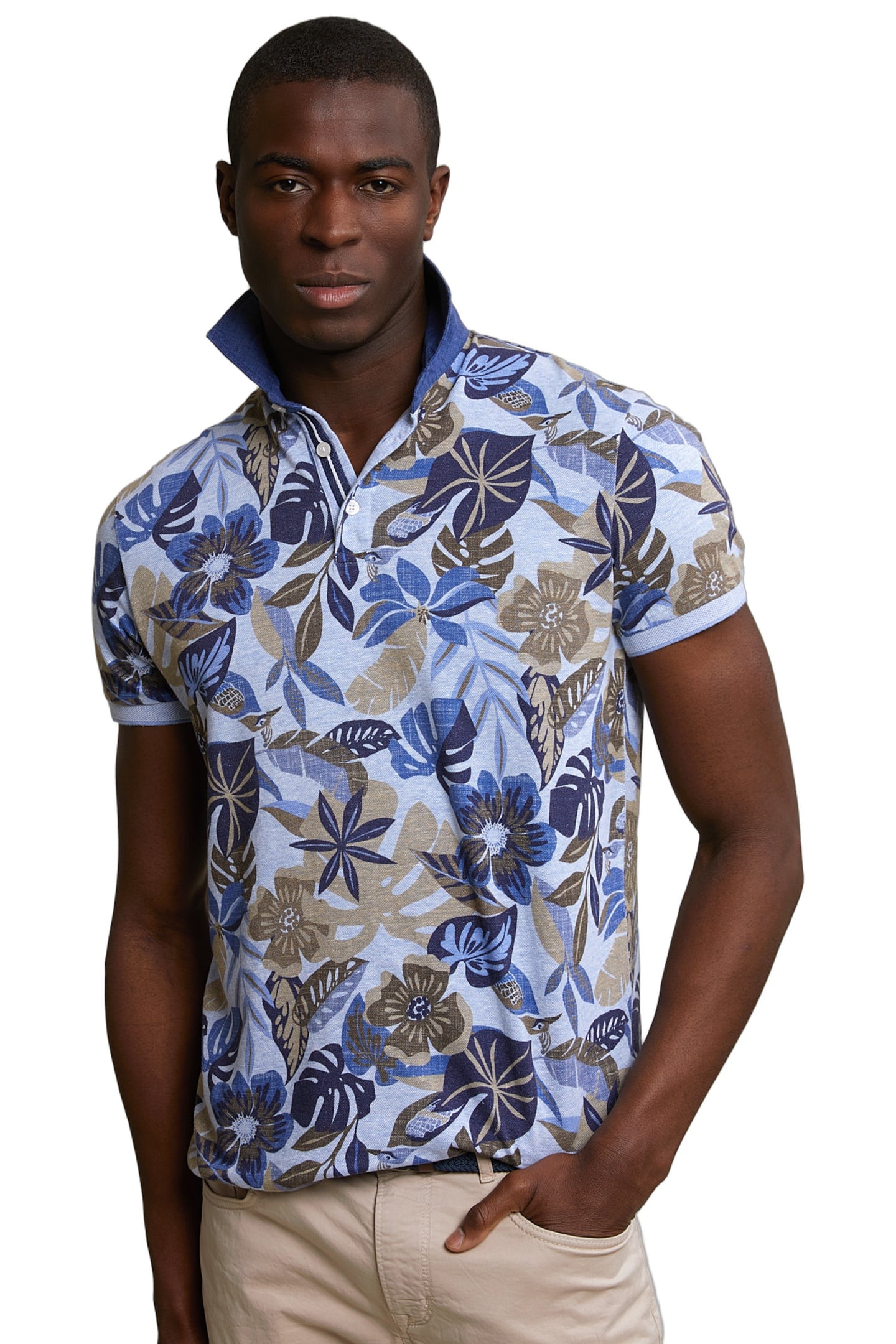 CUSTOM FIT COTTON-LINEN FLORAL POLO SKY MIX 1