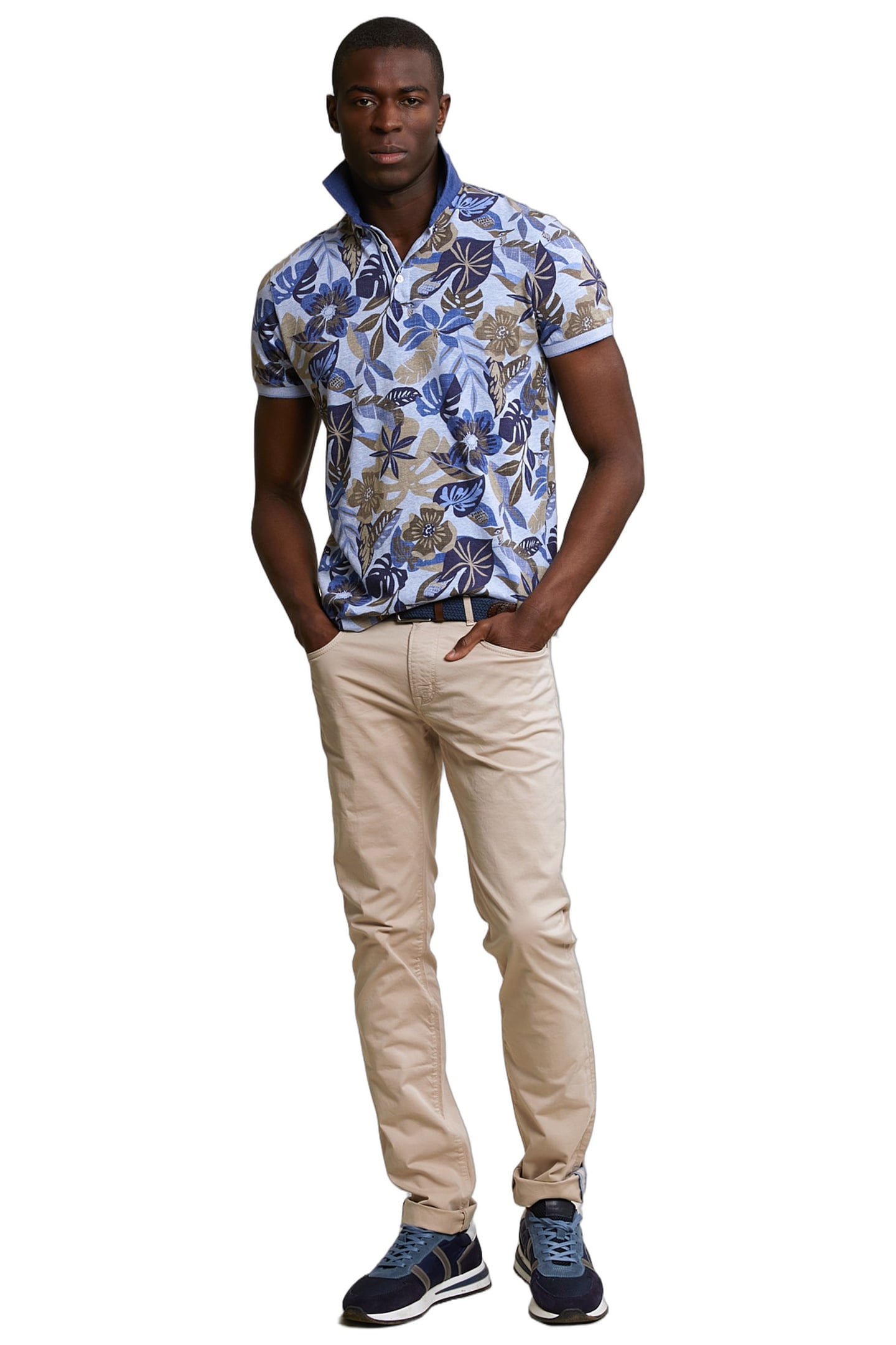 CUSTOM FIT COTTON-LINEN FLORAL POLO SKY MIX 2
