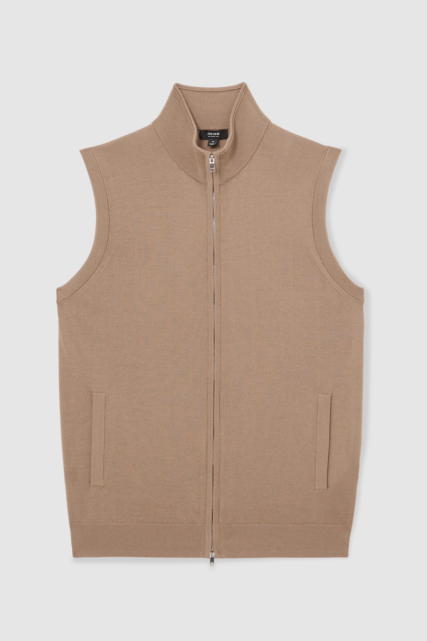 SLEEVELESS ZIP THROUGH FUNNEL NECK MERINO GILET CAMEL BROWN 4