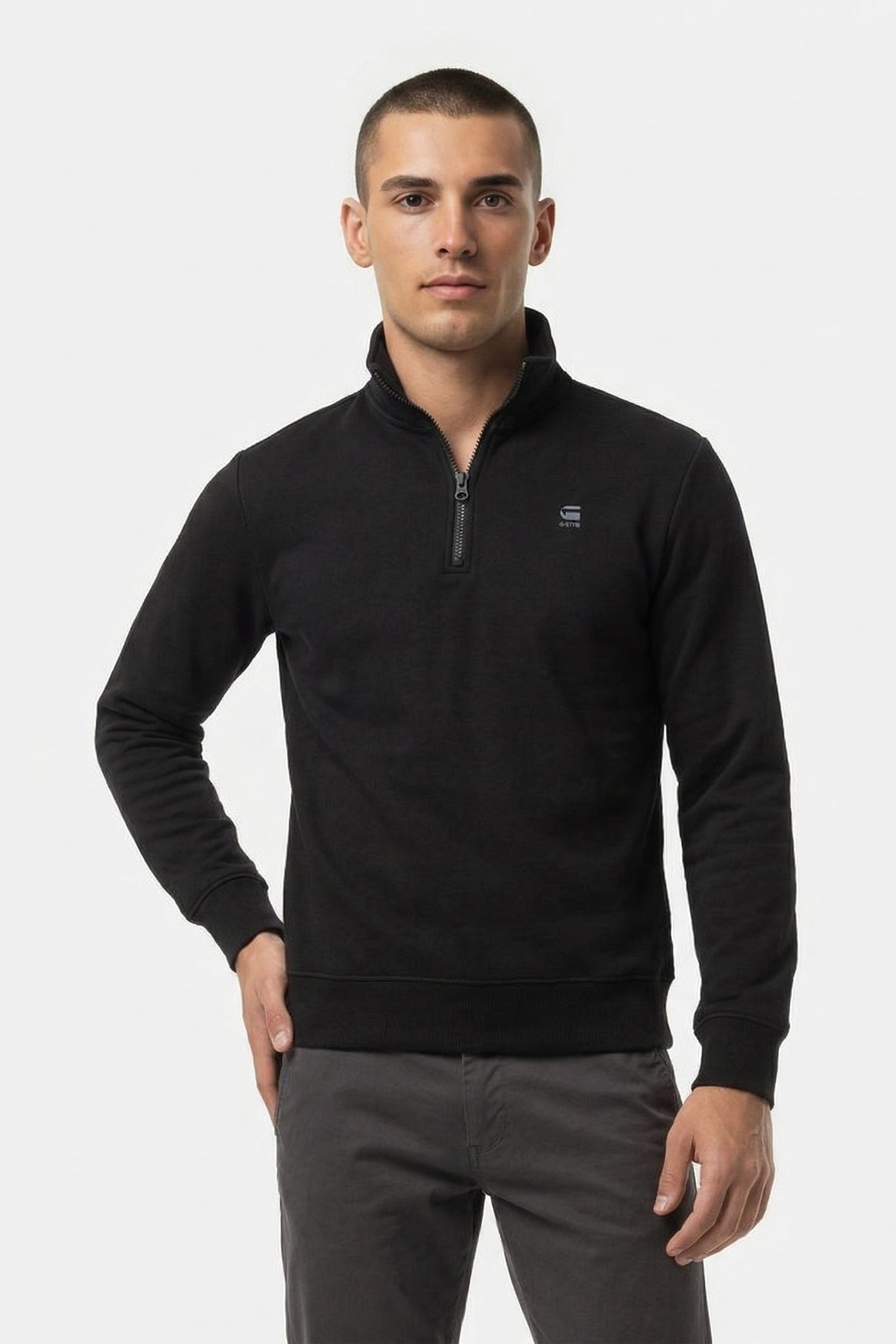 HALF ZIP STAND UP COLLAR SWEAT L\S DK BLACK 1